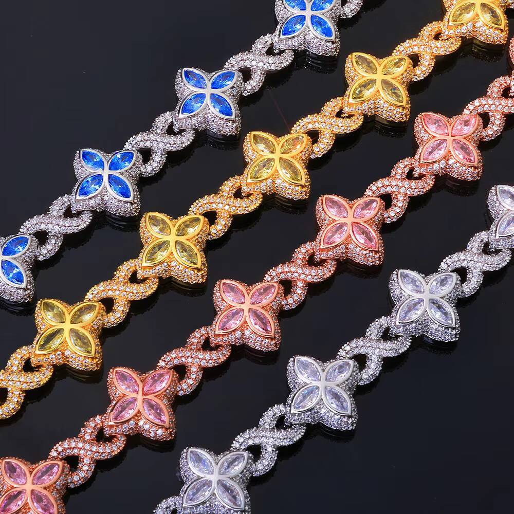 Hip Hop Jewelry 8mm Colorful Ice Diamond Flower Chain Unlimited Symbol Chain Four Leaf Clover Mens and Womens Necklace