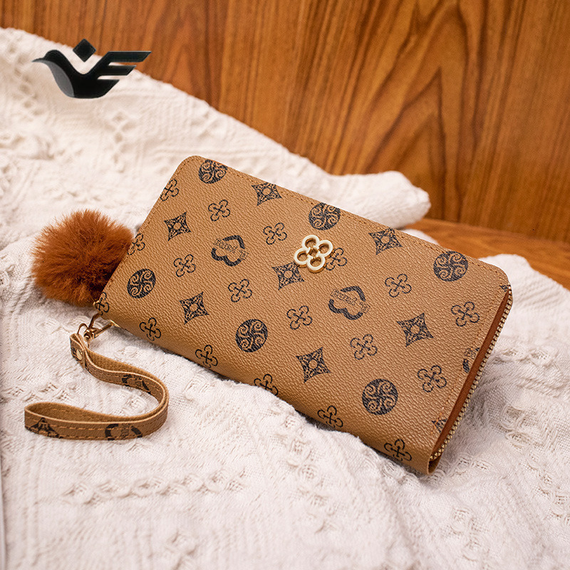 Feiyan Free Shipping New Designer Bag Luxury Shopping Bag Women's Wallet Fashion Printed Medium Long Clutch Trendy Girl Pom Pom Decorated Coin Pu