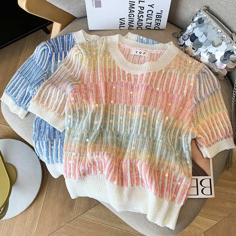 Summer Womens Sweater Sequins Striped Slim Knit Pullovers Tshirts Crop Tops Stylish Chic Fashion Short Sleeve Oneck Jumpers M250904