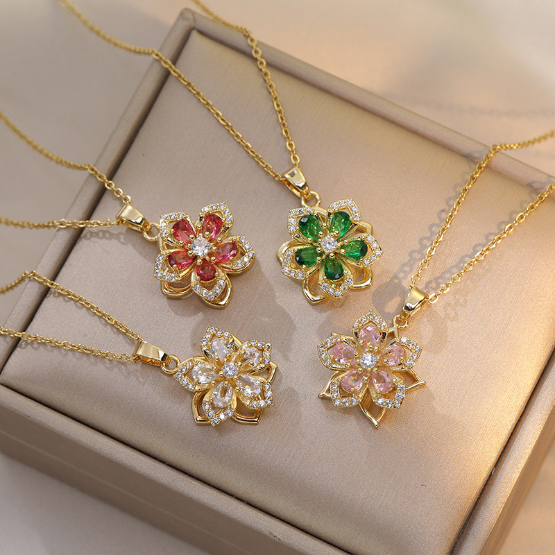 Gold Tone Bauhinia Necklace Stainless Steel Romantic Rotatable Flower Zirconia Pendant Necklace For Women Girls Charm Luxury Jewelry Designer necklace ring set