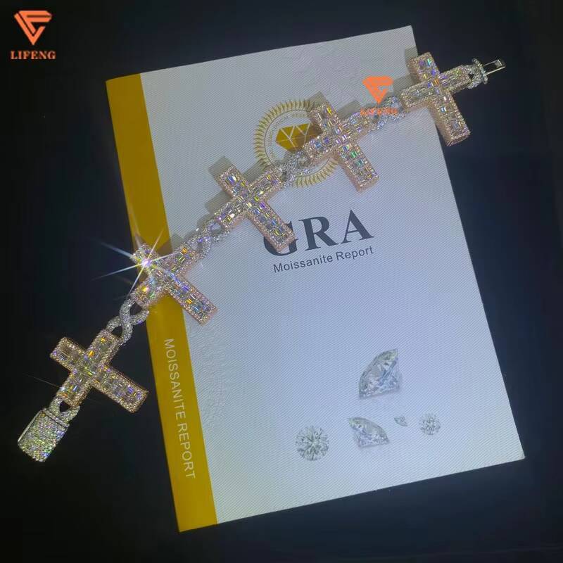 Lifeng Jewelry Ice Cross Cuban Link Chain Hiphop Baguette Out VVS Moissanite Two Tone Solid Sterling Silver Men Women Bracelet