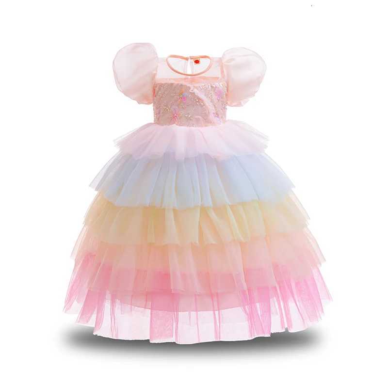 Girls Summer Princess Dress Bubble Sleeve Rainbow Cake Saree Kids Casual Halloween Party Dress Size 100-150 Z250904