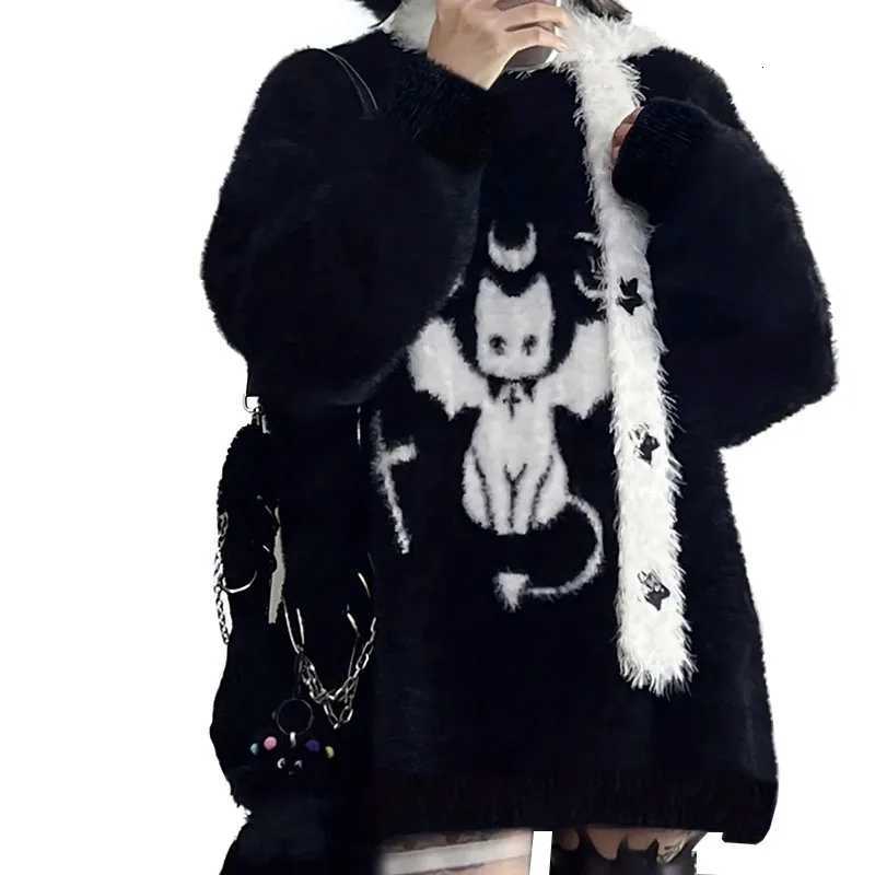 Harajuku Gothic Casual Oversized Knitted Jumpers Grunge Cartoon Sweater Fashion Knitwear Y2k Aesthetic Balack Loose Pullover M250904