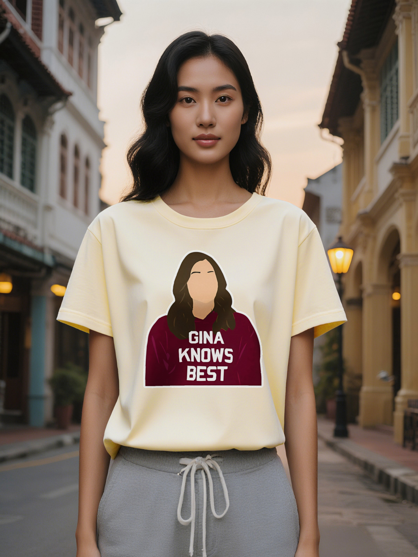 Gina Knows Best Brown Long Hair Cartoon T Shirt Crew Neck for Summer Knit Fabric Tops Women Gift Tee Casual