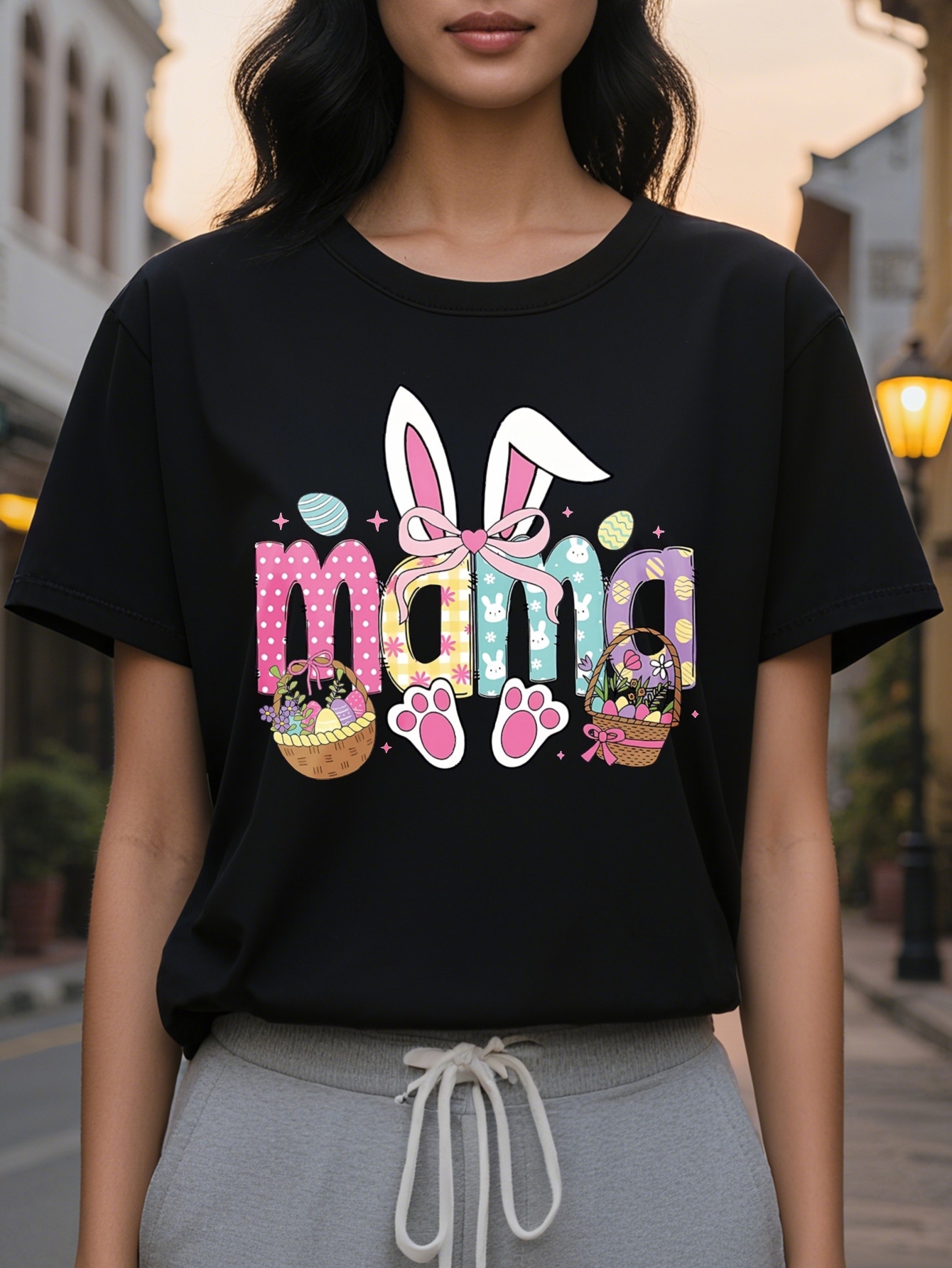 Large XL Mom Graphic Print Lavender T-Shirt Floral Bunny Ears Design Crew Neck Casual Short Sleeve Washable Women's Plus Size