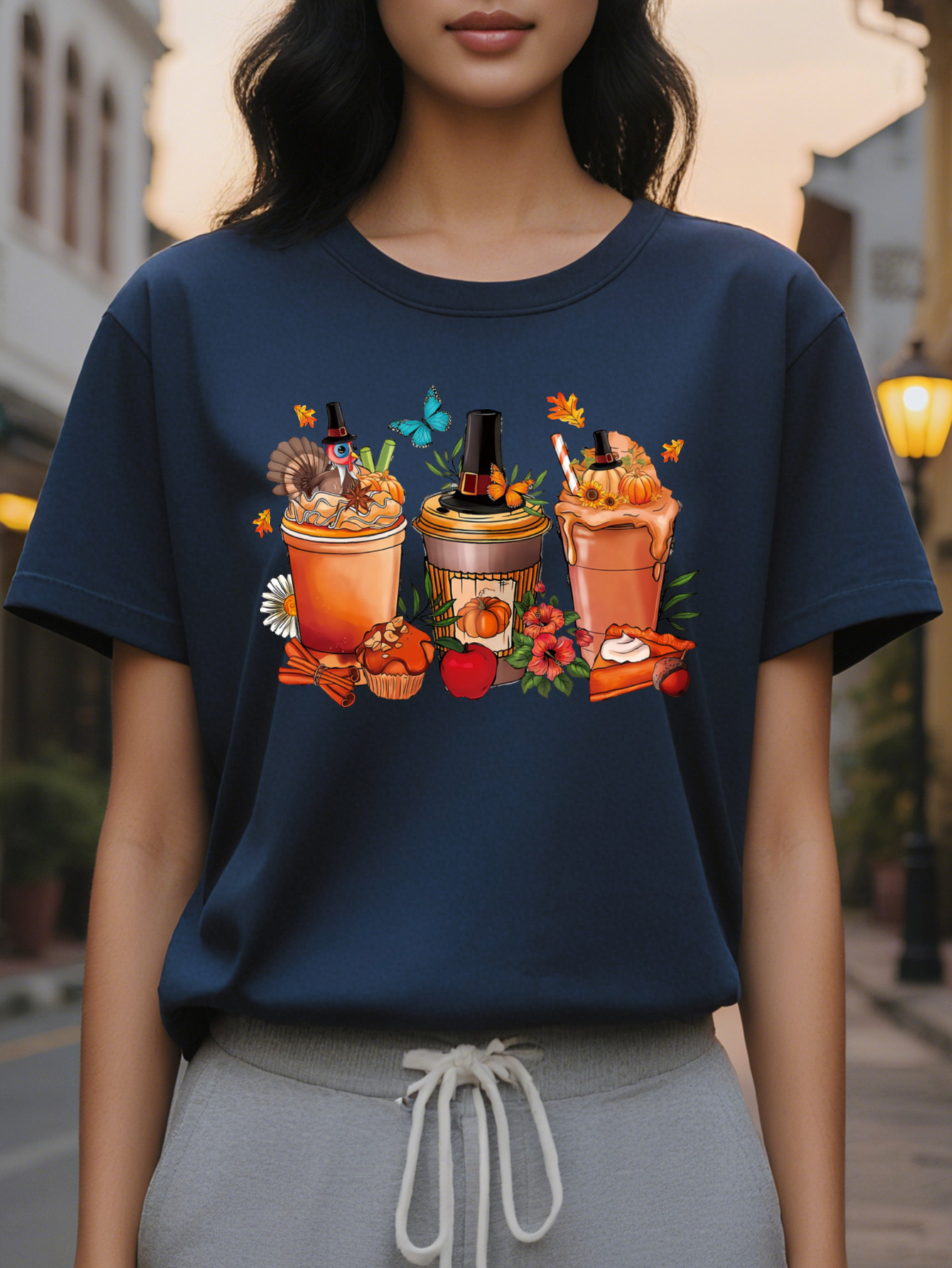 Large XL Women's White Thanksgiving Coffee Print T-Shirt Autumn Harvest Graphic with Pumpkins Leaves Turkey Design Plus Size