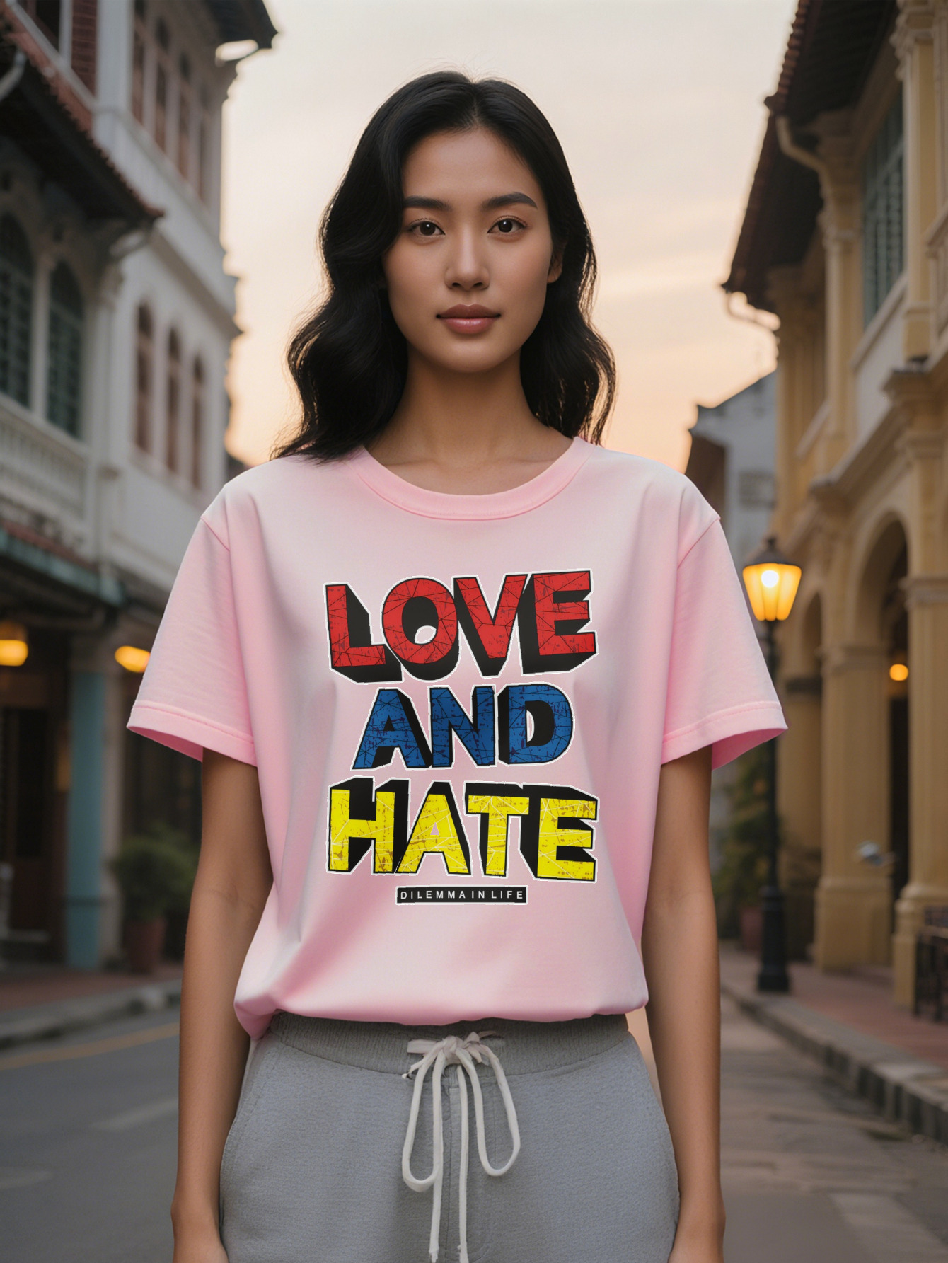 Lady Crew Neck T-Shirt LOVE AND HATE Bold Letter Print in Red Yellow Lightweight Tee for Women Perfect Gift Idea