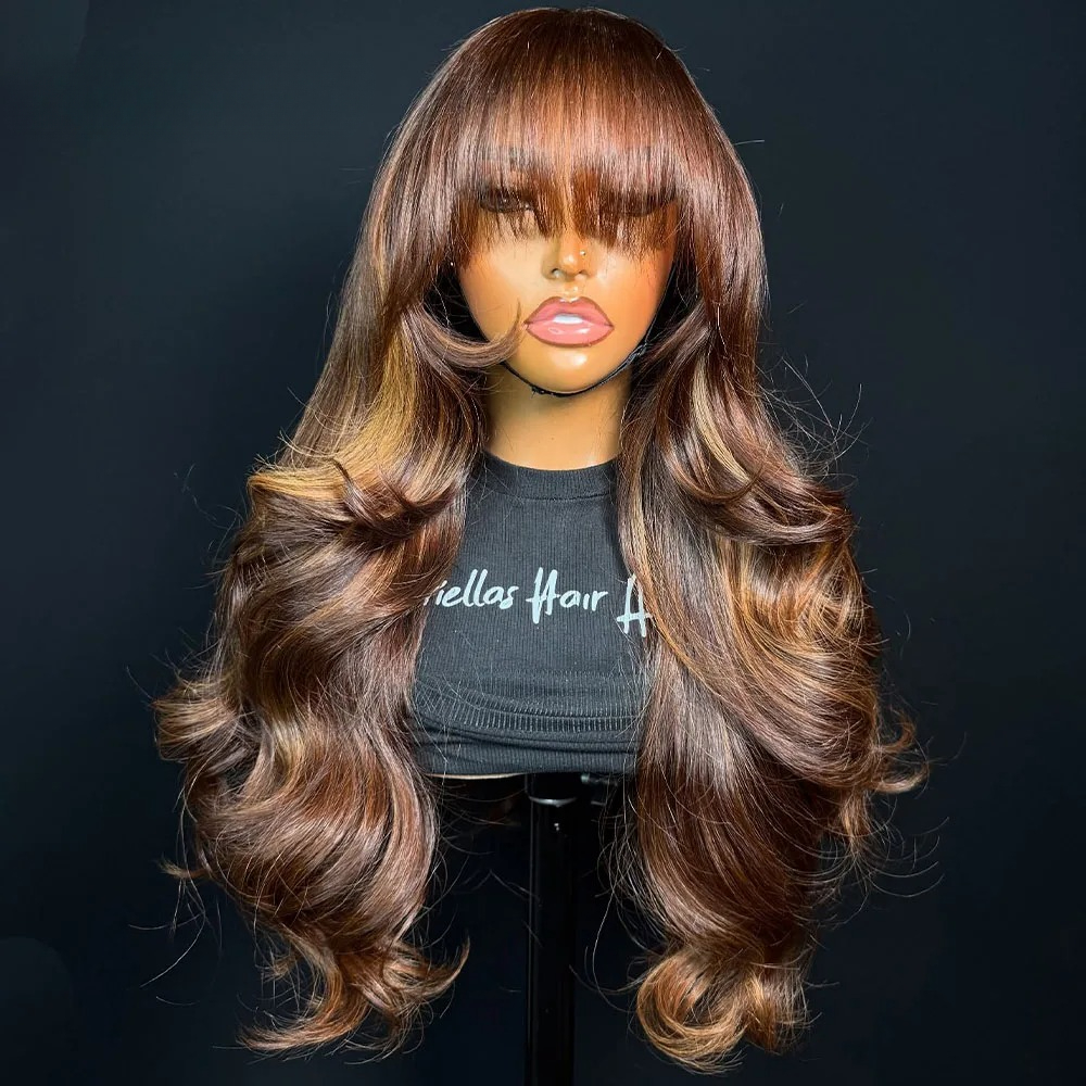 Highlight Wig Human Hair Body Wave Lace Front Wig With Bang 13x6 HD Transparent Lace Front Wigs 13x4 Brown Wigs Ready To Wear For Woman