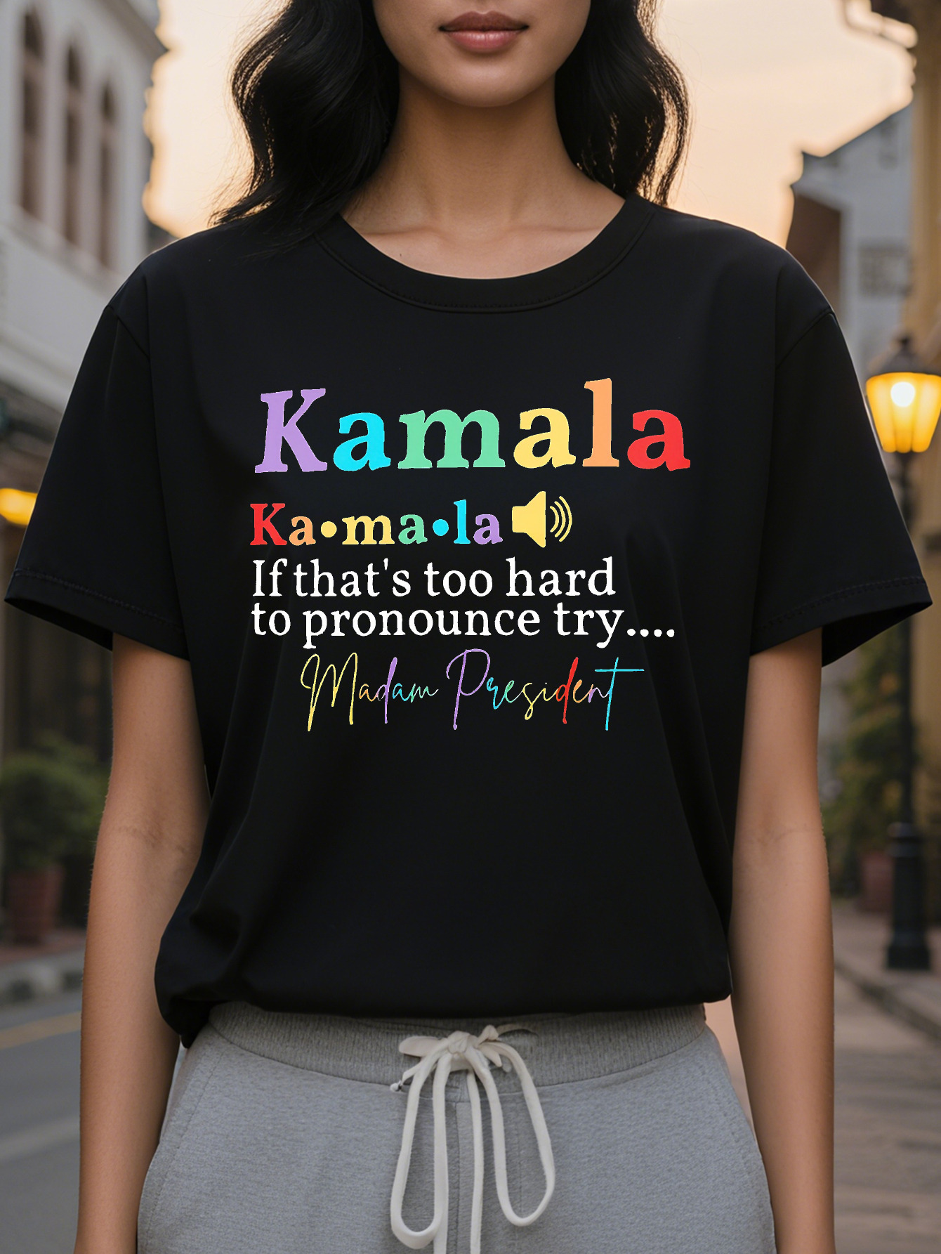 Large XL Women's Short Sleeve Crew Neck T-Shirt Vibrant Multicolor Kamala Letter Print with Playful Sound Effects Breathable Plus Size