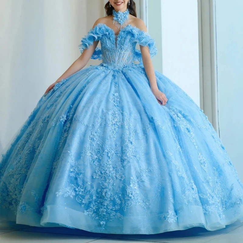 Sky Blue Quinceanera Dresses Ball Gown Off The Shoulder Applique Lace Beading Crystal Bow Tull Sweet 16 Dress Vestidos 15 De Anos