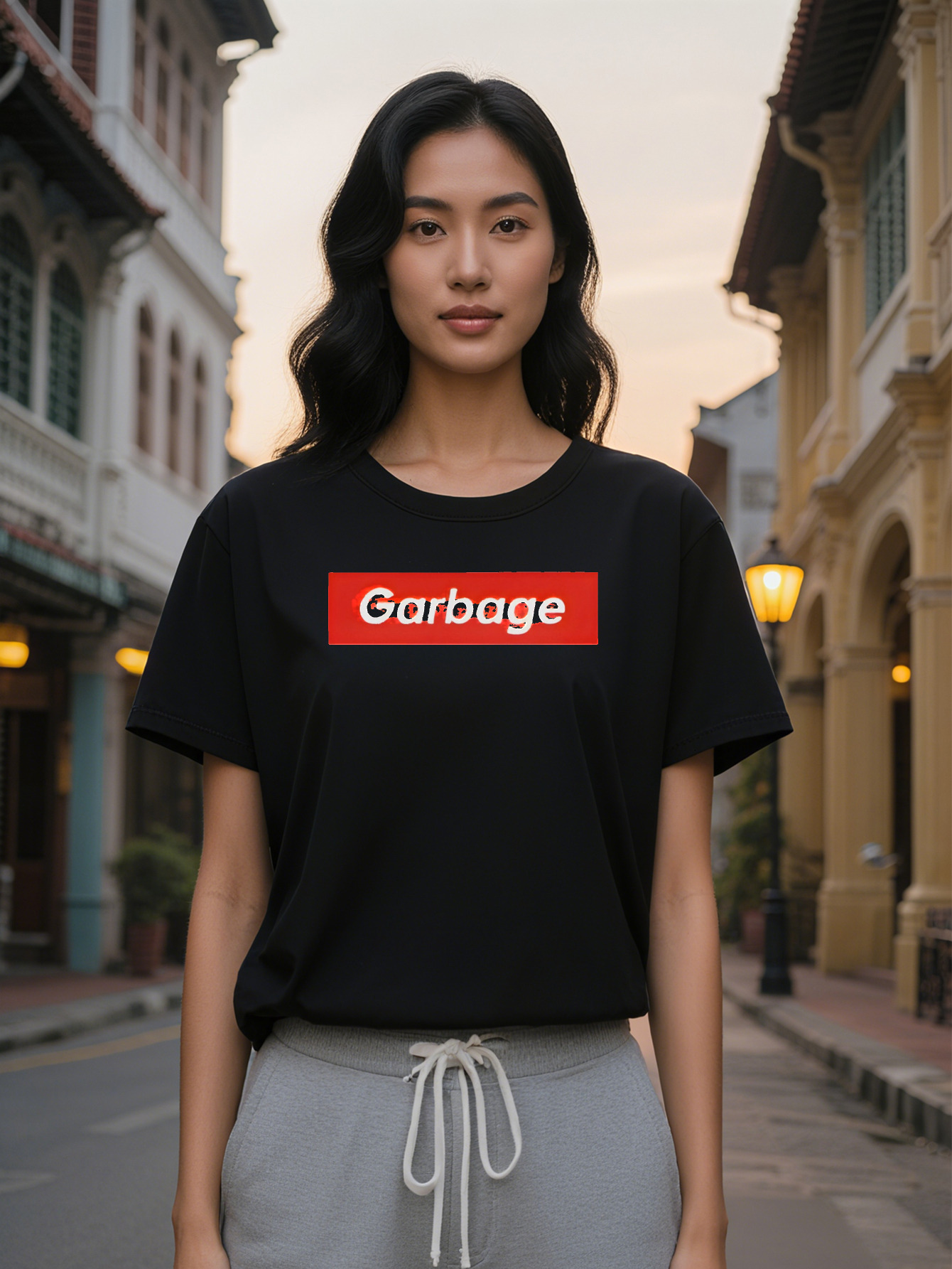 Large XL Casual Crew Neck T-Shirt with Red Garbage Print on Black Background Lightweight Summer Tee Perfect Gift for Women Plus Size