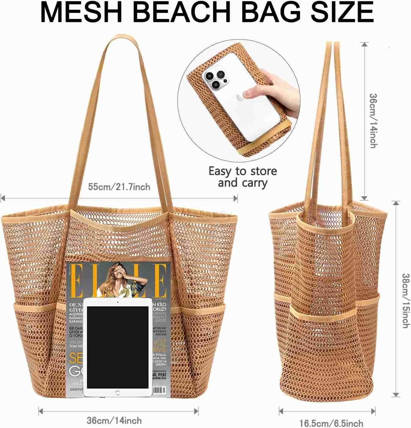 Mesh Beach Bag Tote Bag for Women Foldable Swim Large Beach Tote Bag with Zipper Pockets Waterproof SandproofW250904