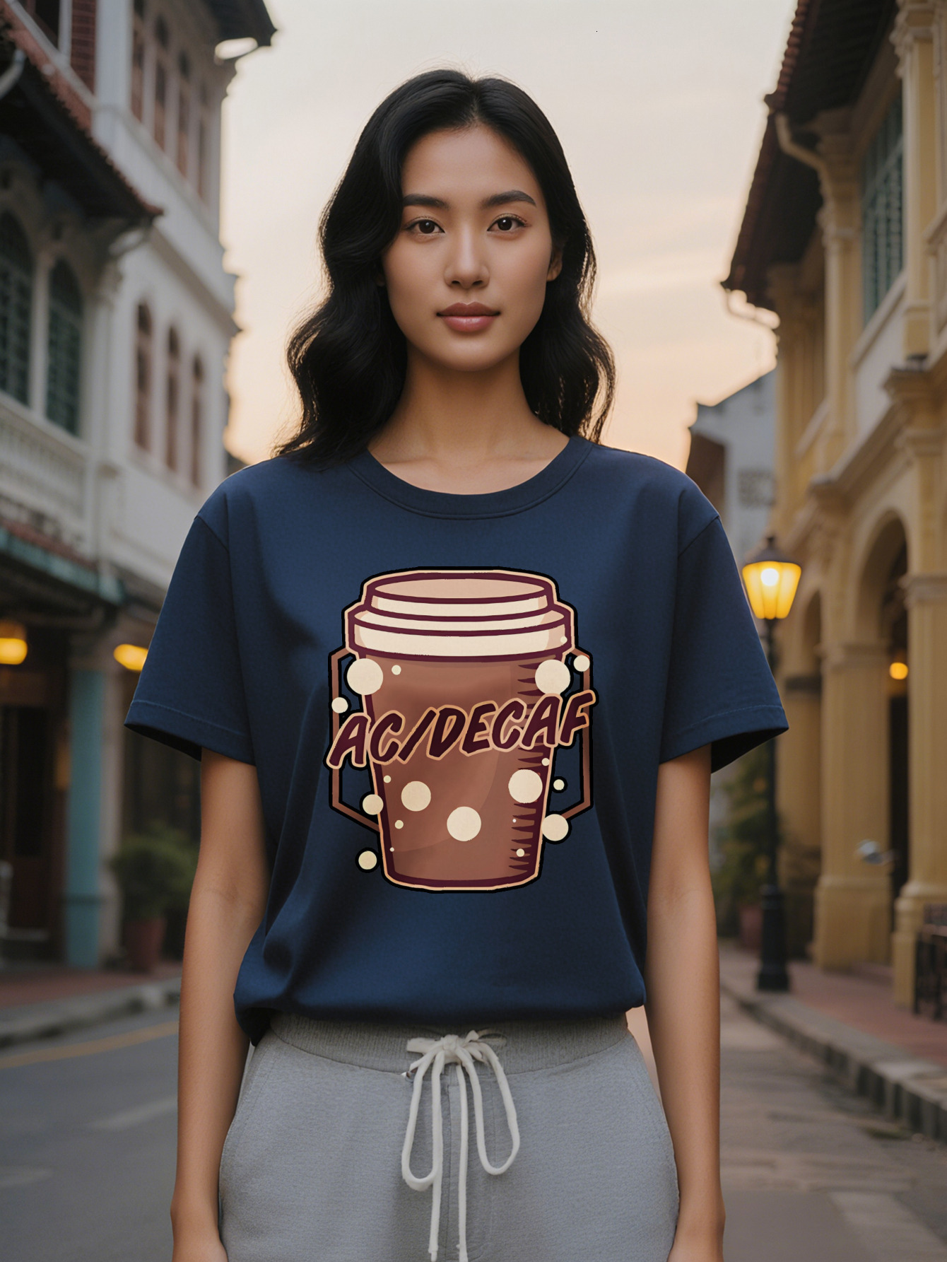 Lady Casual Crew Neck T-Shirt with Coffee Cup Print White Lid Design AcidCaf Text Lightweight Fabric Summer Fashion