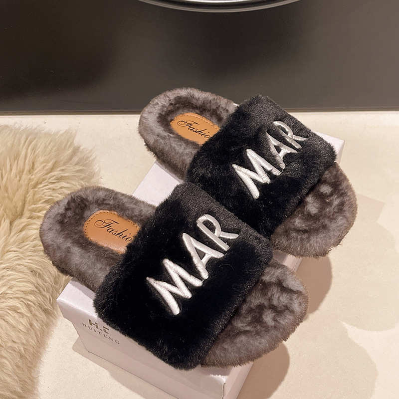 Women's fluffy slippers suitable for outdoor wear flat sole ins trendy shoes autumn and winter 2025 thick-soled cotton slippers spring and summer