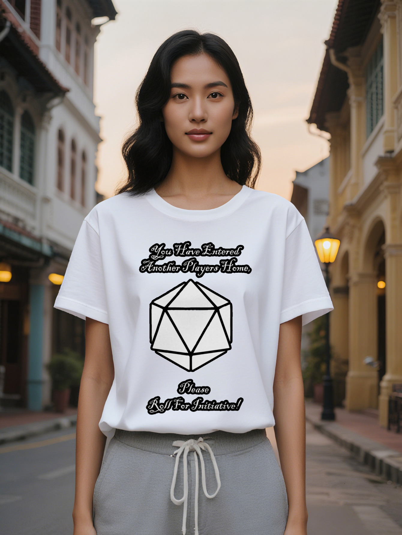 Lady Casual Versatile Round Neck T-Shirt Black Background with White Polyhedral Graphic Print You Have Entered Another