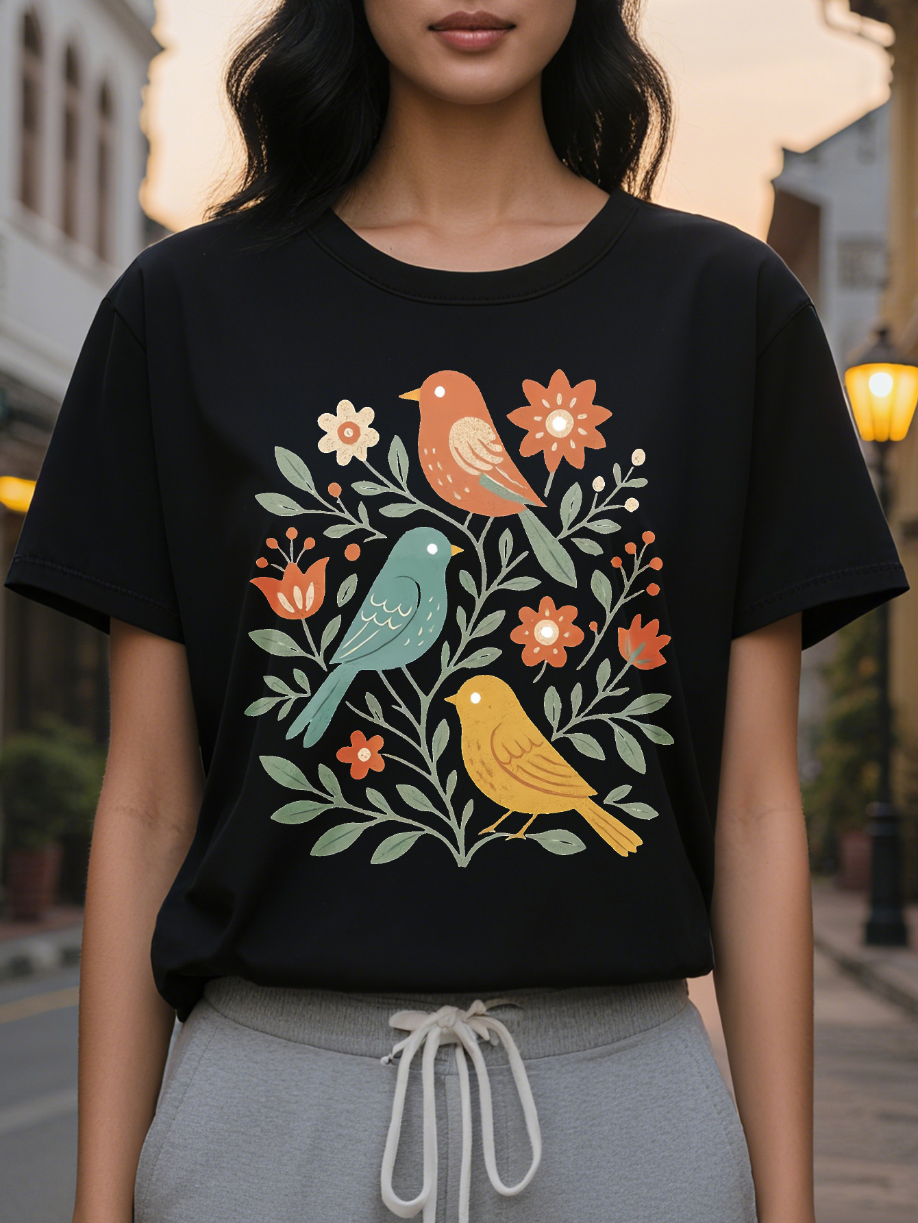 Large XL Women's Floral Bird Print T-Shirt Dark Gray with Orange Flowers Soft Stretchy Fabric Everyday Casual Formal Outfits Plus Size