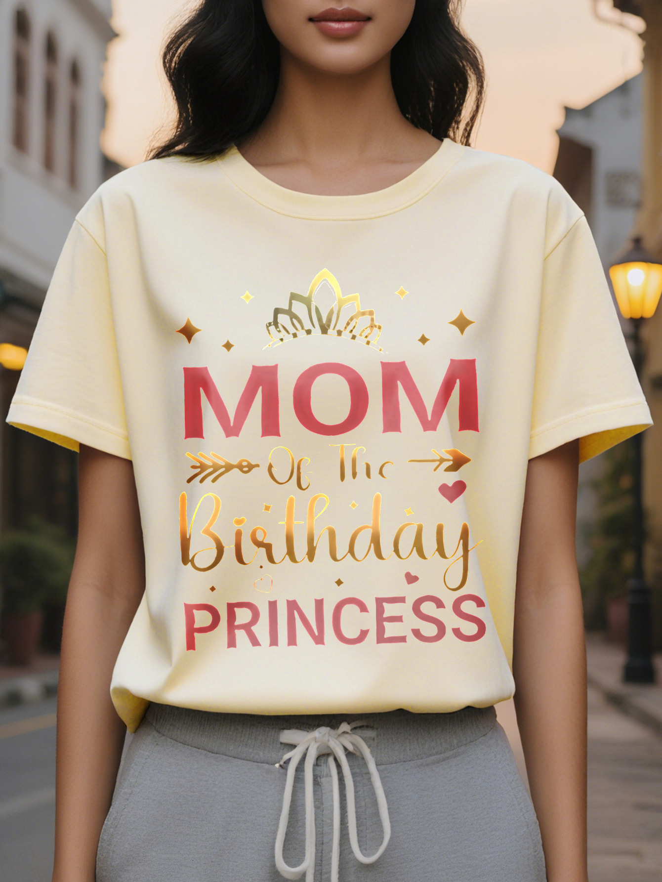 Large XL Women's Short Sleeve Crew Neck T-Shirt Mom Birthday Princess Crown Letter Print Black with Pink Golden Accents Plus Size