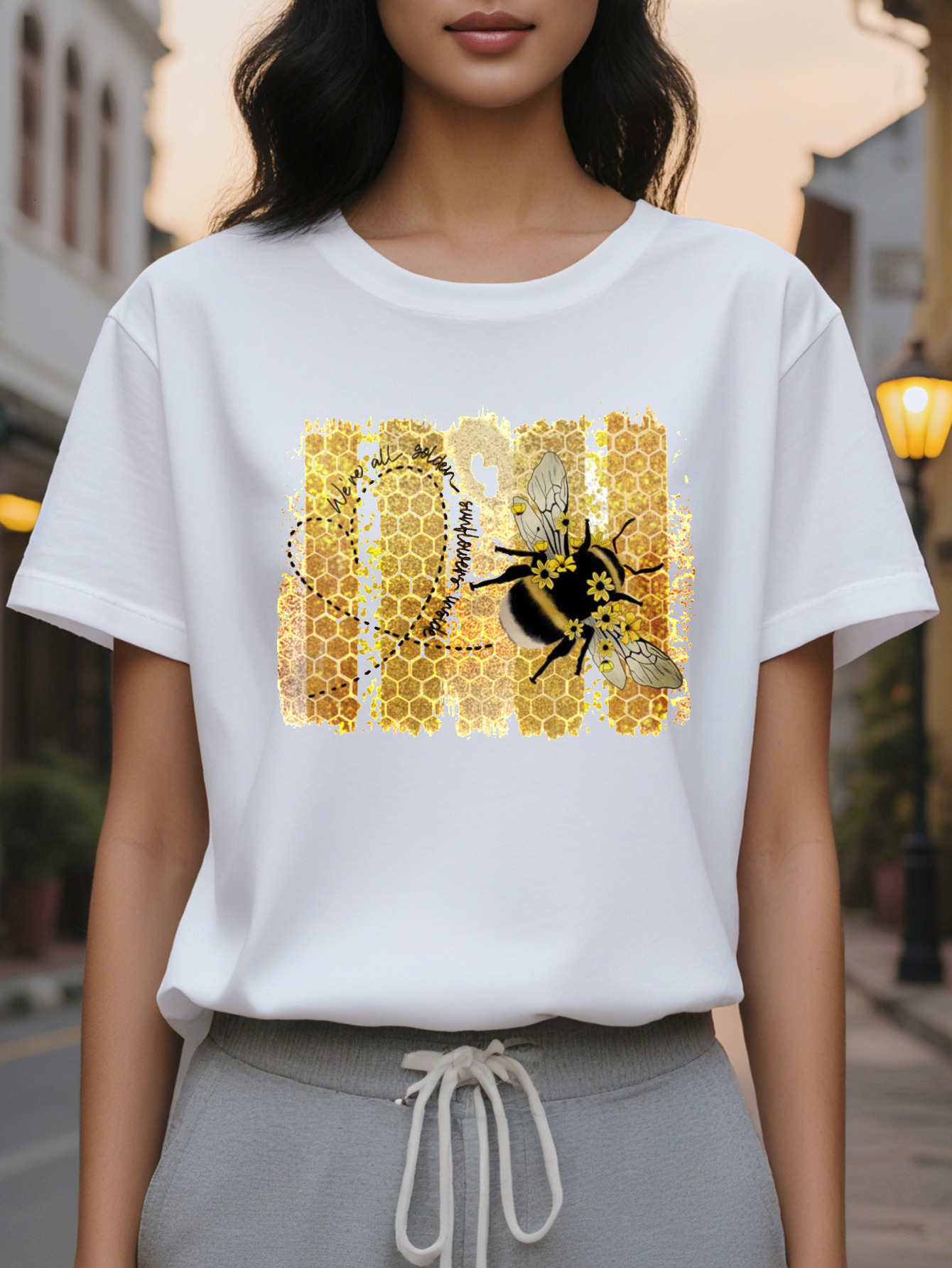 Ladies Elegant Sleeve T-Shirt White Honey Pattern Round Neck Jacket Autumn and Winter Daily Dress Medium Stretch