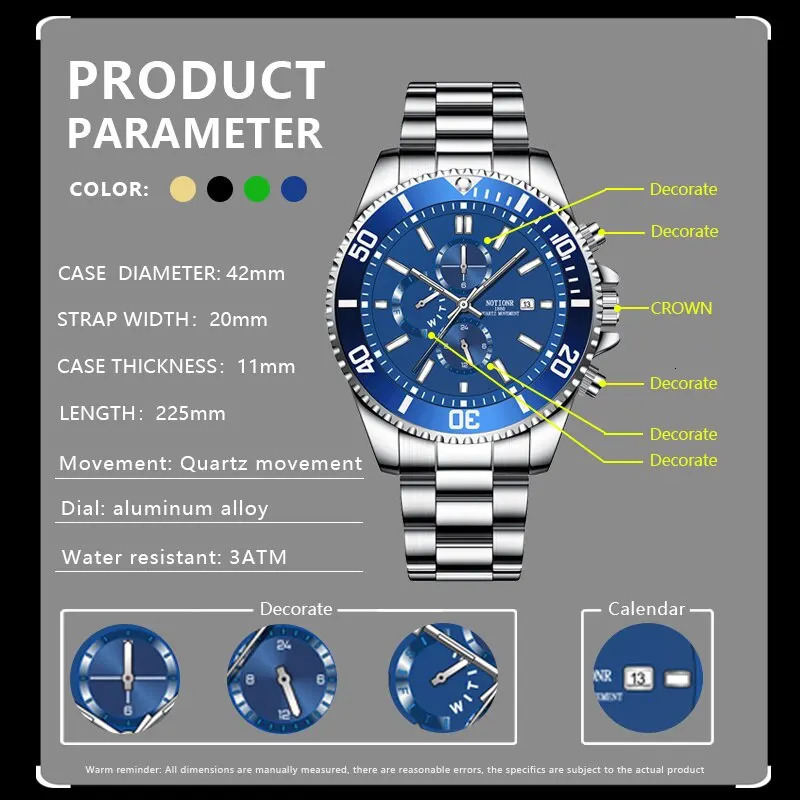 Fashion Mens Sports Watches Man Luminous Clock Men Business Waterproof Calendar Date Stainless Steel Quartz Wrist Watch 250828