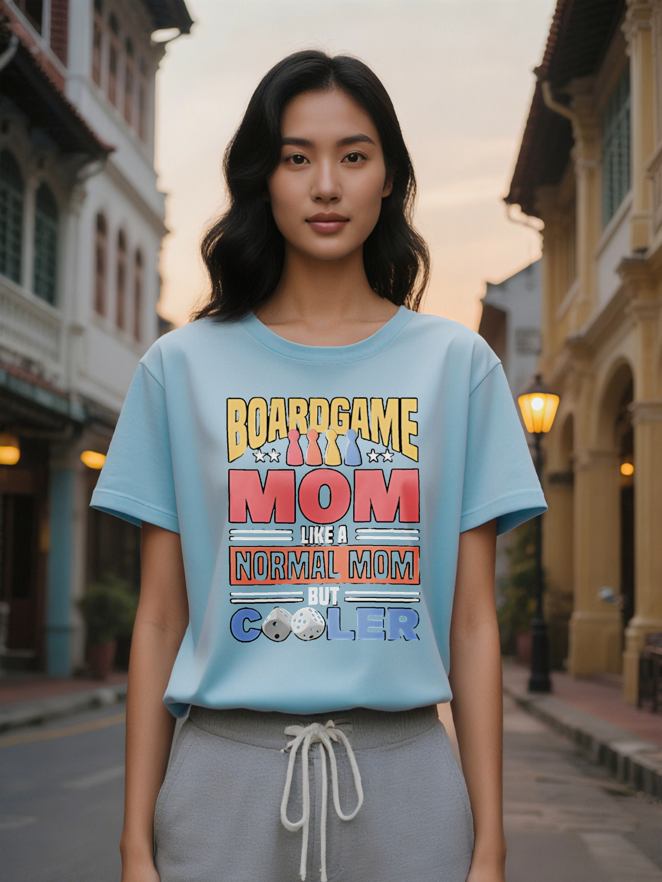 Lady Crew Neck T-Shirt with Colorful Chess Piece Design Boardgame Like a Normal Mom But Cooler Perfect Gift for