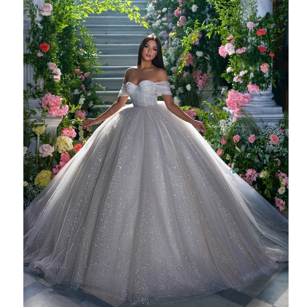 Bling Sparkly Pleats Ball Gown Wedding Dresses Delicate Glittering Off Shoulder Short Sleeves Bridal Gowns Vestidos De Novia Customed