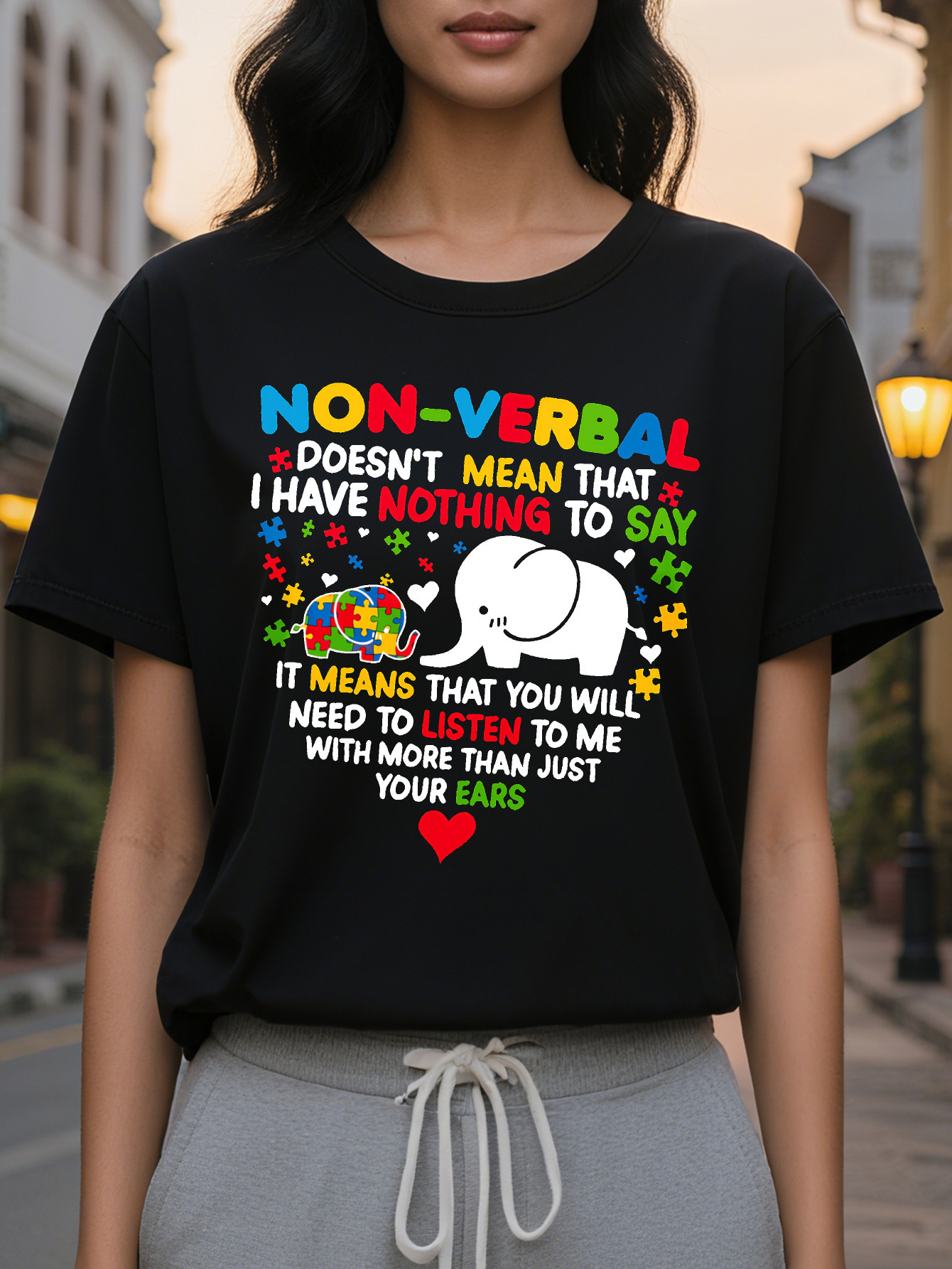 Large XL Casual Geometric Cotton T-Shirt Women's Crew Neck Short Sleeve Top with Nonverbal Autism Puzzle Print Knit Fabric Plus Size