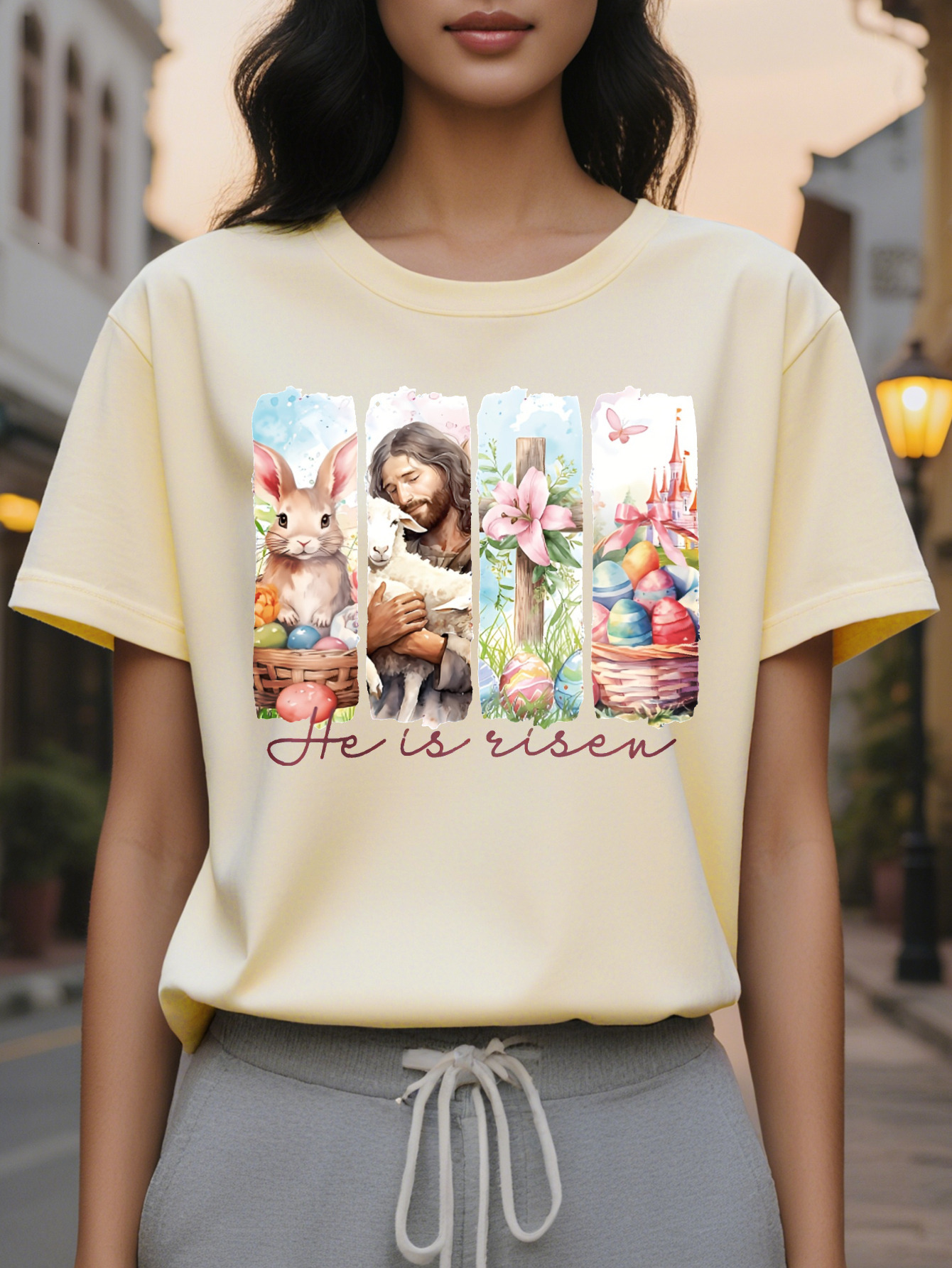 Large XL Women S Bunny Graphic T-Shirt He Is Risen Faith Design with Jesus Rabbit Silhouette Light Blue Casual Short Sleeve Plus Size