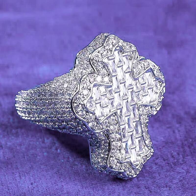 GRA Hip Hop Iced Out Bling 925 Sterling Silver Pass Diamond Tester VVS Moissanite Fleur Baguette Cross Ring for Men