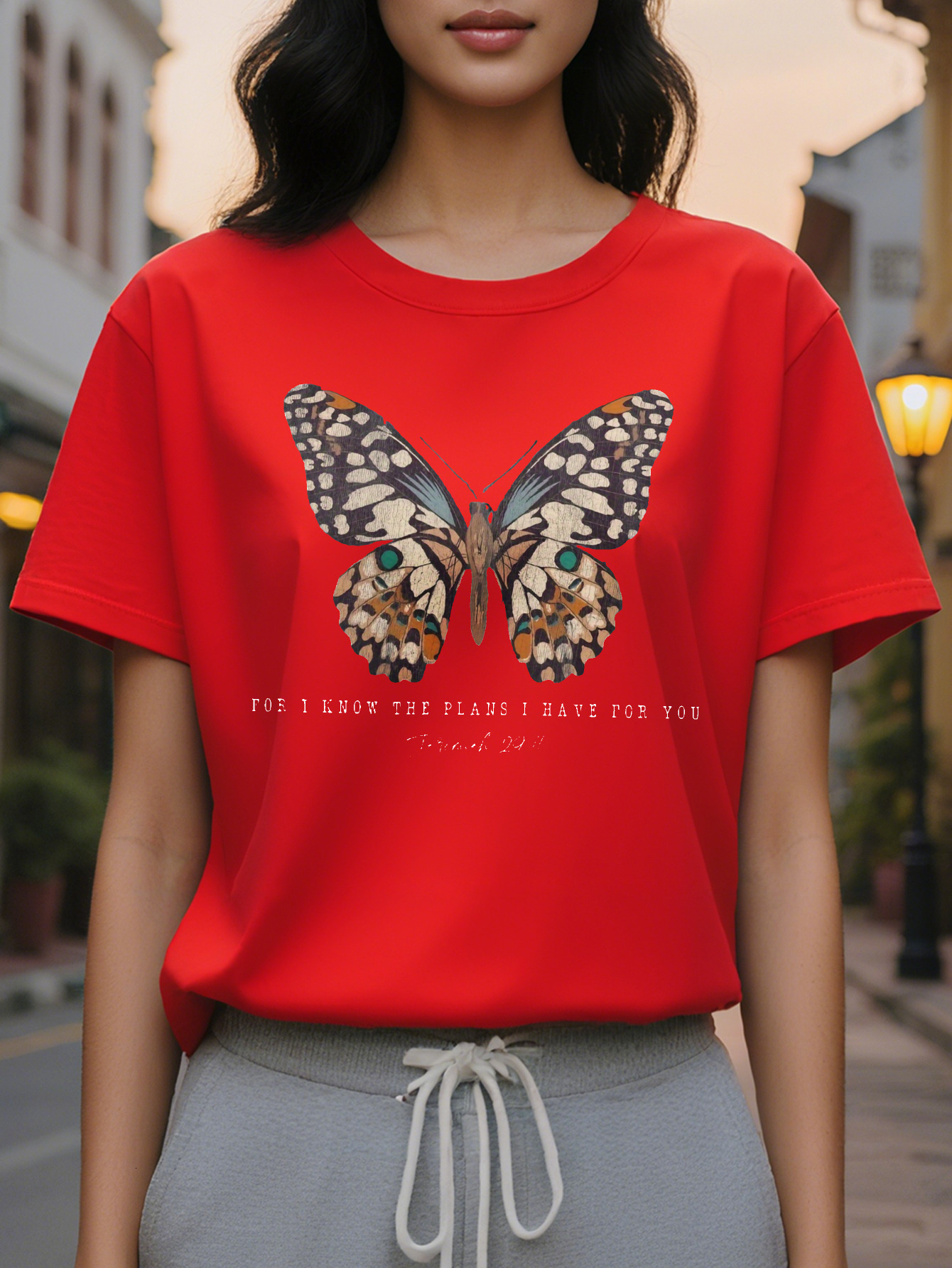 Vibrant Women's Casual Crew Neck T-Shirt Inspirational Butterfly Graphic Uplifting Scripture Verse Soft