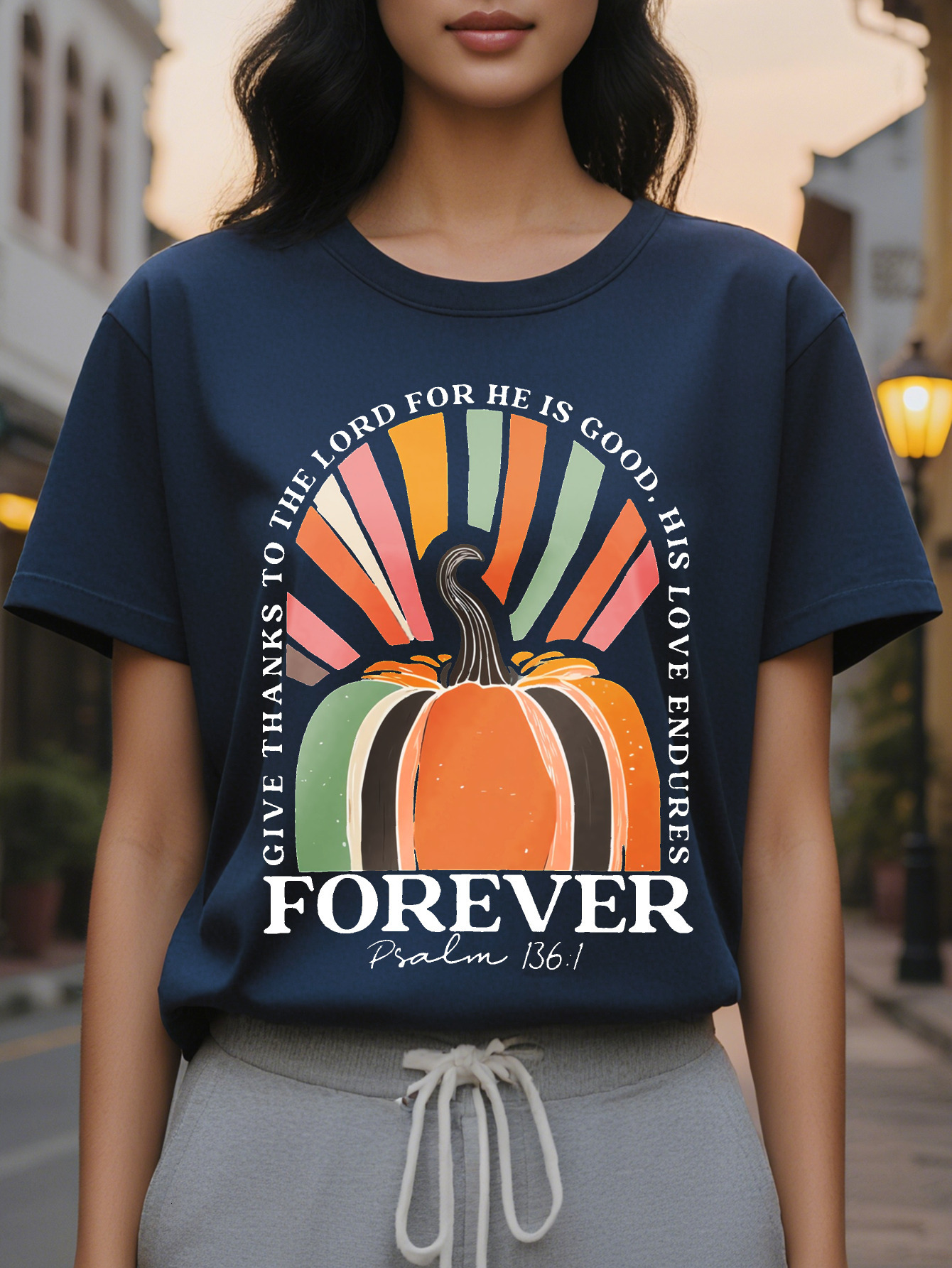 Large XL Women's Halloween Pumpkin Bible Verse to Back Print T-Shirt Inspirational Forever Lettering Soft Round Neck Plus Size