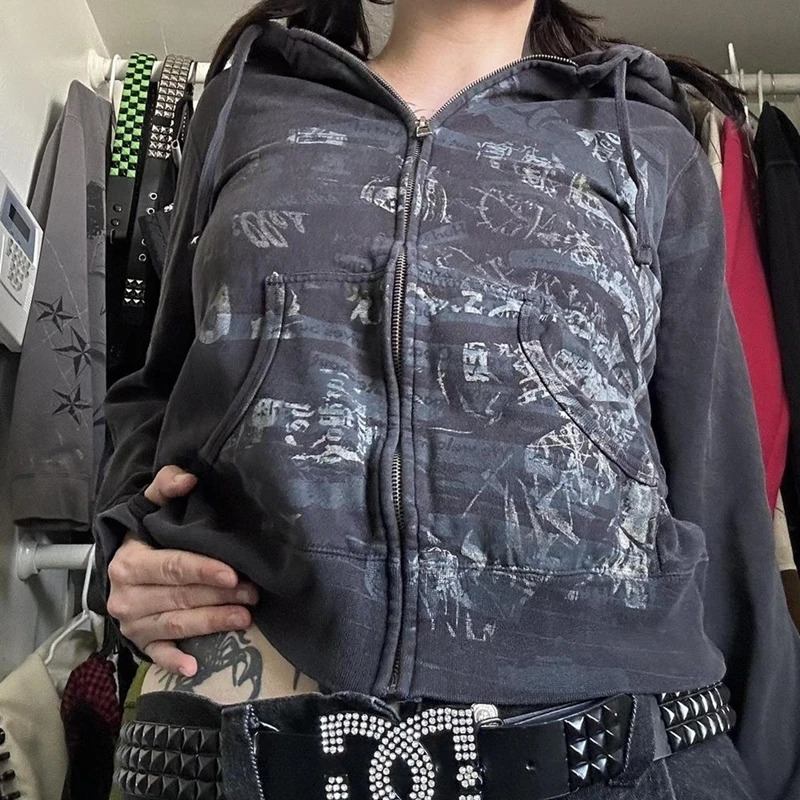 Cyber Grunge Emo 00s Zip Up Jacket Hoodies Vintage Graphic Print Sweatshirt Aesthetic Y2K Egirl Gothic Harajuku Cropped Coats 250904