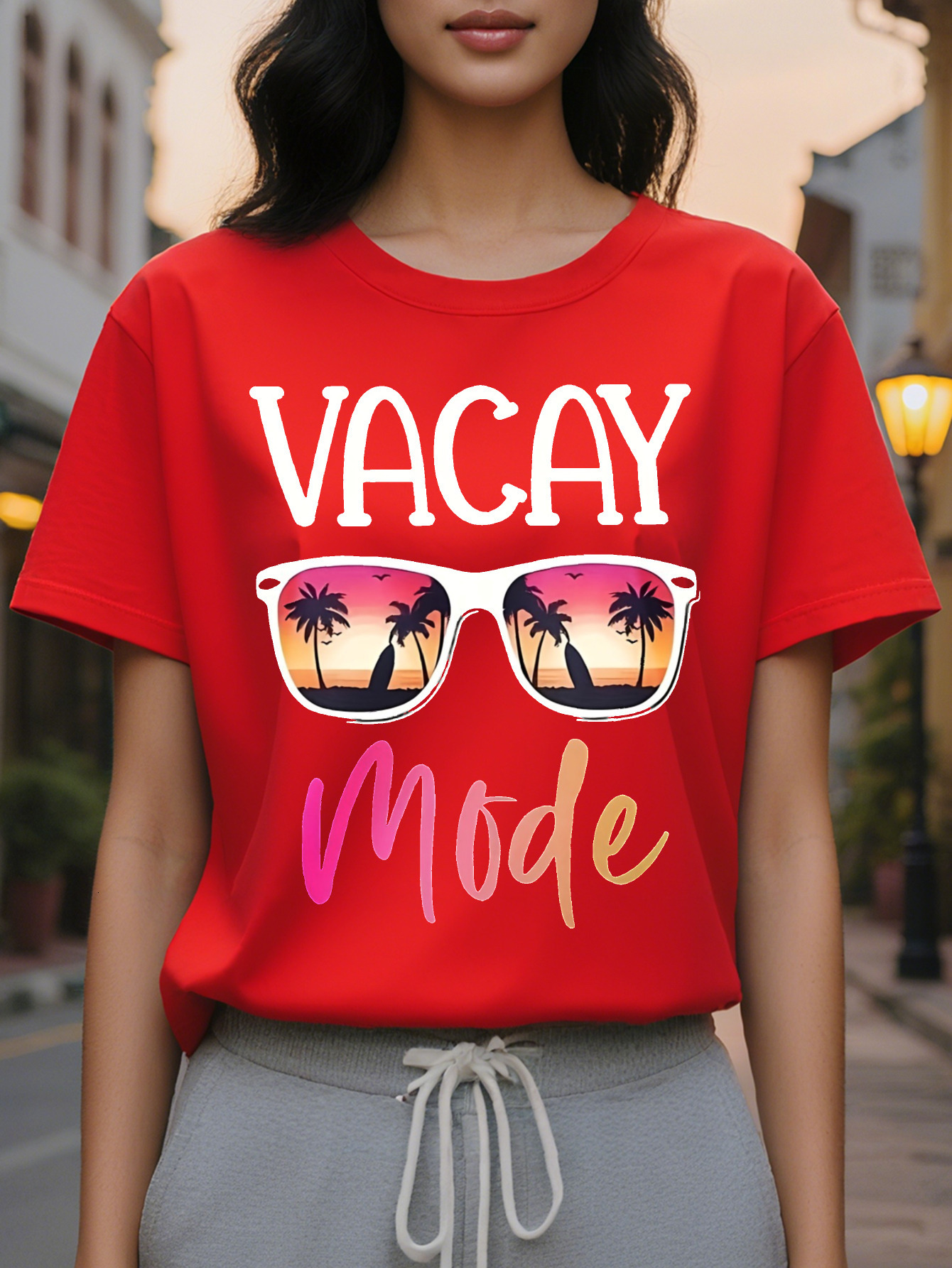 Black Women s Short Sleeve Crew Neck T-Shirt Tropical Palm Tree Sunset Graphic Print with Vacay Mode Text hine