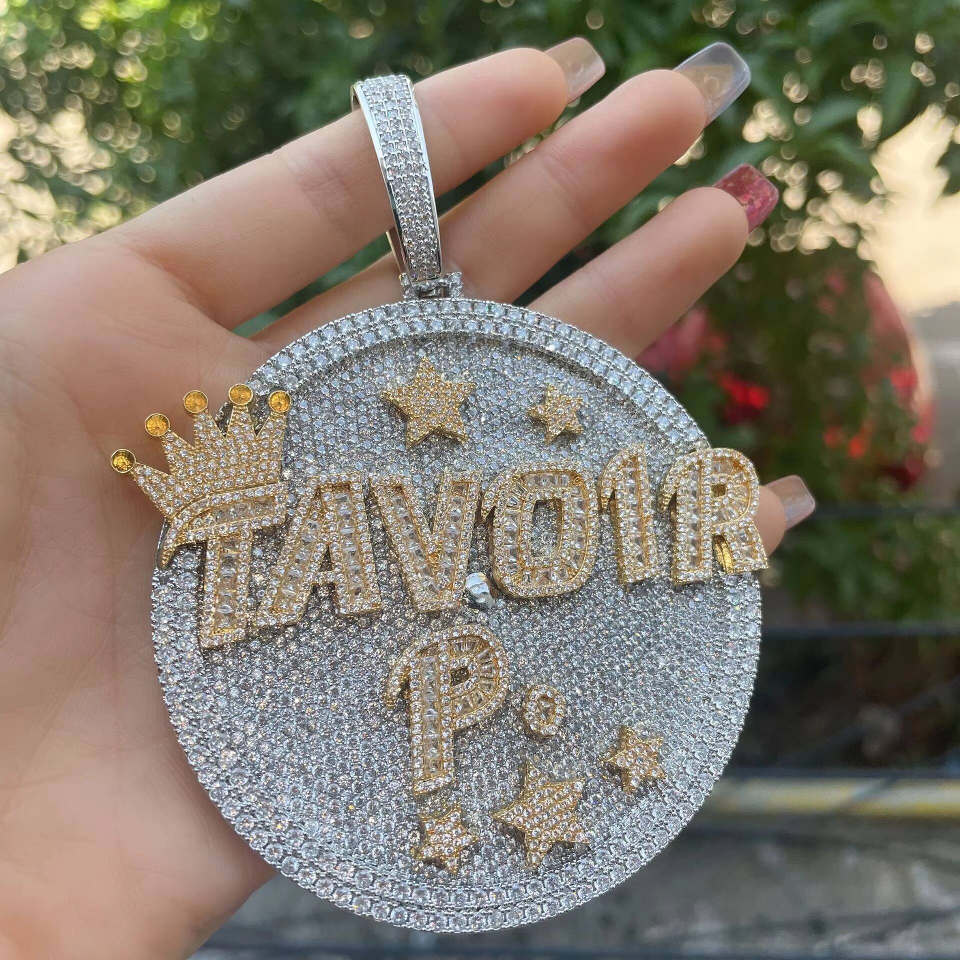 Large Disc Inlaid Alphabet Ice Crystal Star Necklace for Men