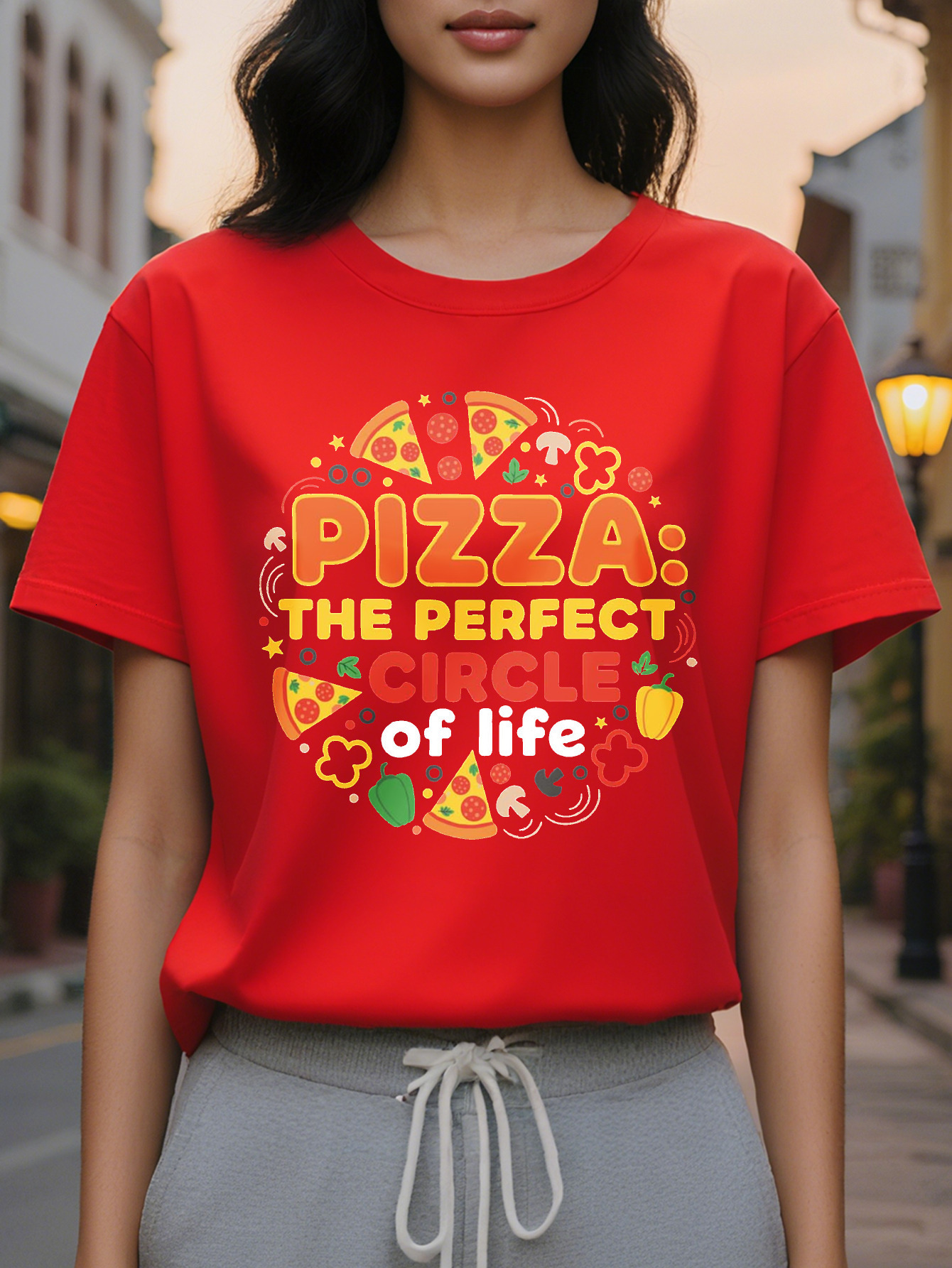 Black Lover Pattern Pizza Life s Perfect Circle Funny T-Shirt Pieces Design Women's Soft Everyday