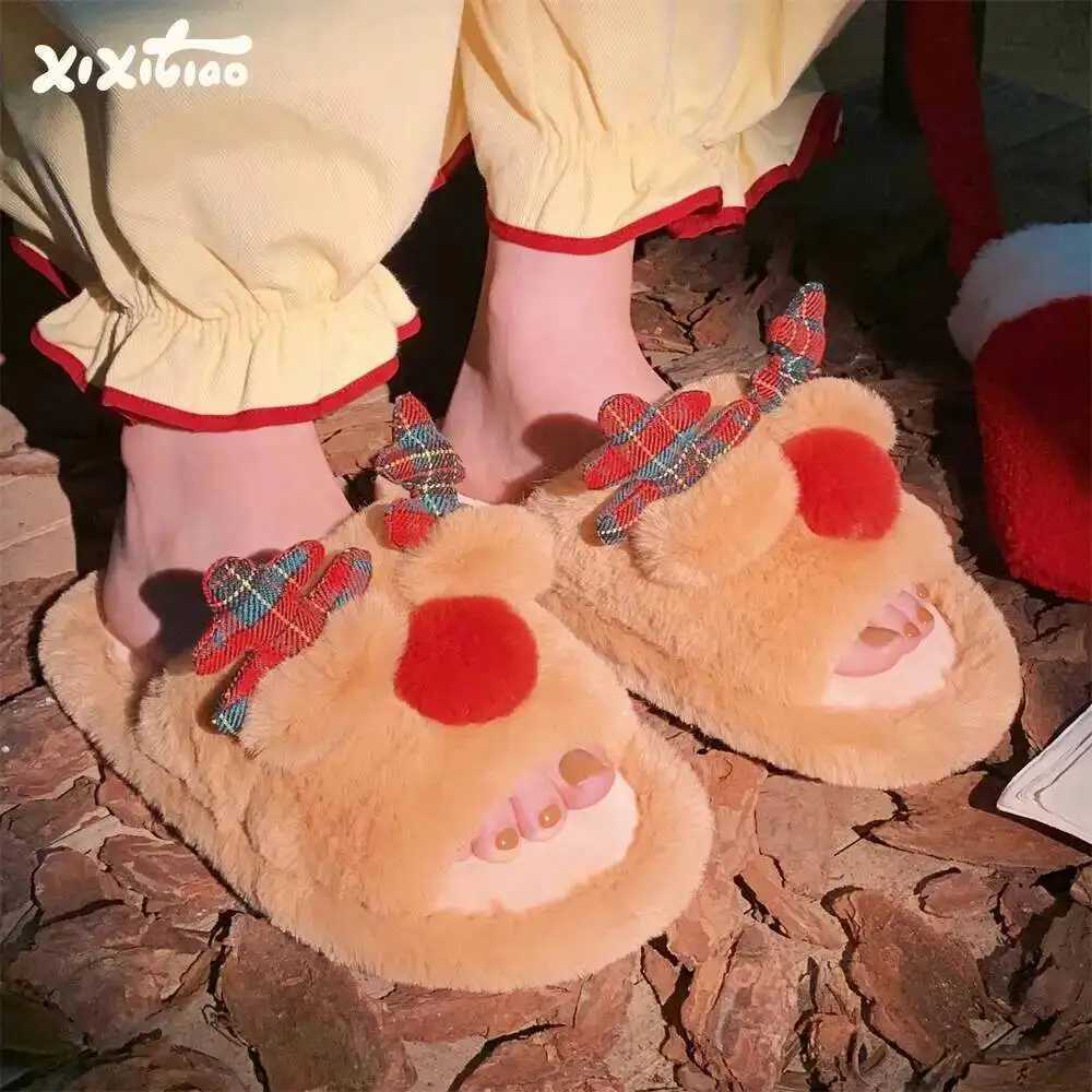 Christmas Reindeer Home Slippers For Men Women Winter Furry Warm Cozy Couple Indoor Household Cotton Slippers L250903BNC9
