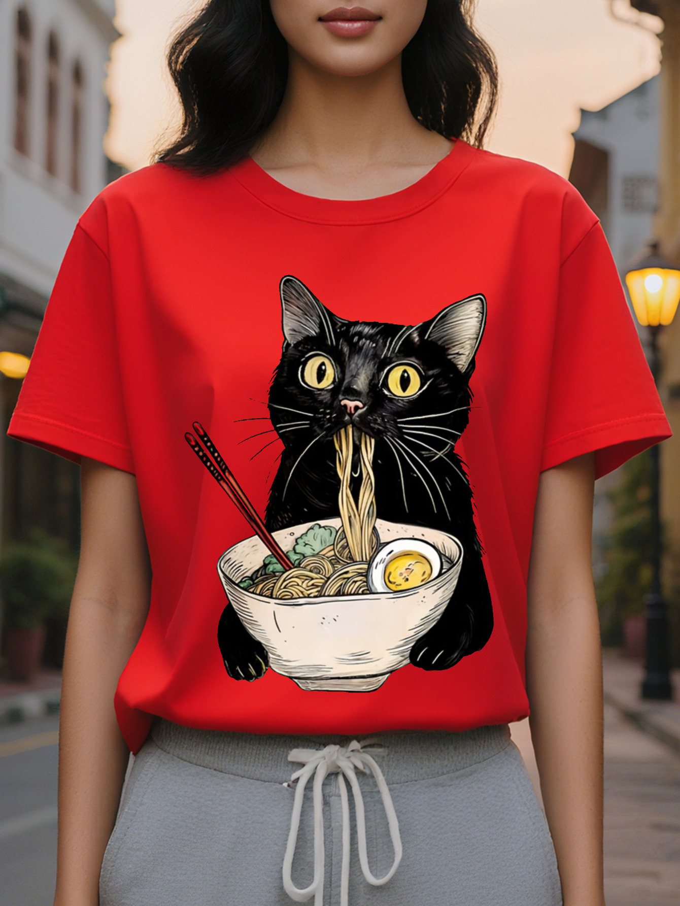Large XL Women's Casual Sleeveless with Playful Black Cat Eating Noodles Cartoon Print Light Green Round Neck Summer Top Plus Size