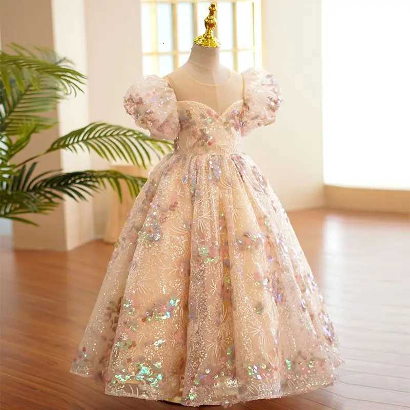 Girls Sequin Floral Princess Dress with Puff Sleeves for Special Occasions Pageants Birthdays Formal Banquets Z250904