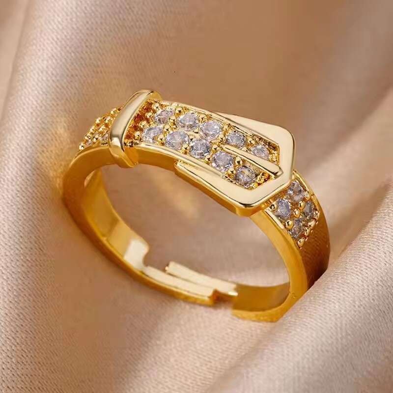 Zircon Inlaid Belt Gold Plated Adjustable Open Women's Ring Jewelry