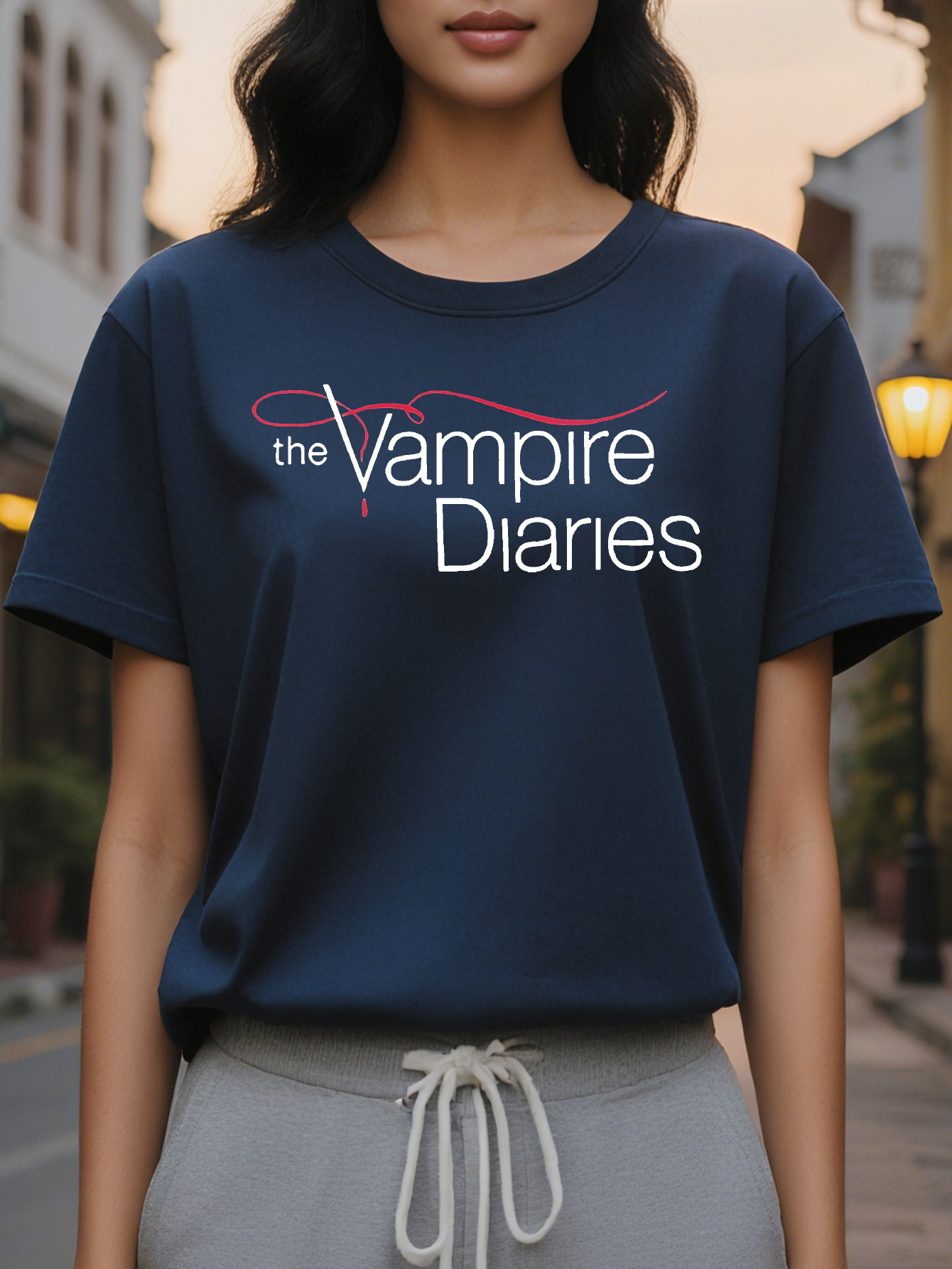 Large XL Women's Vampire Diaries Graphic Print T-Shirt Light Gray Relaxed Short Sleeve Round Neck Casual Top for SpringSummer Plus Size