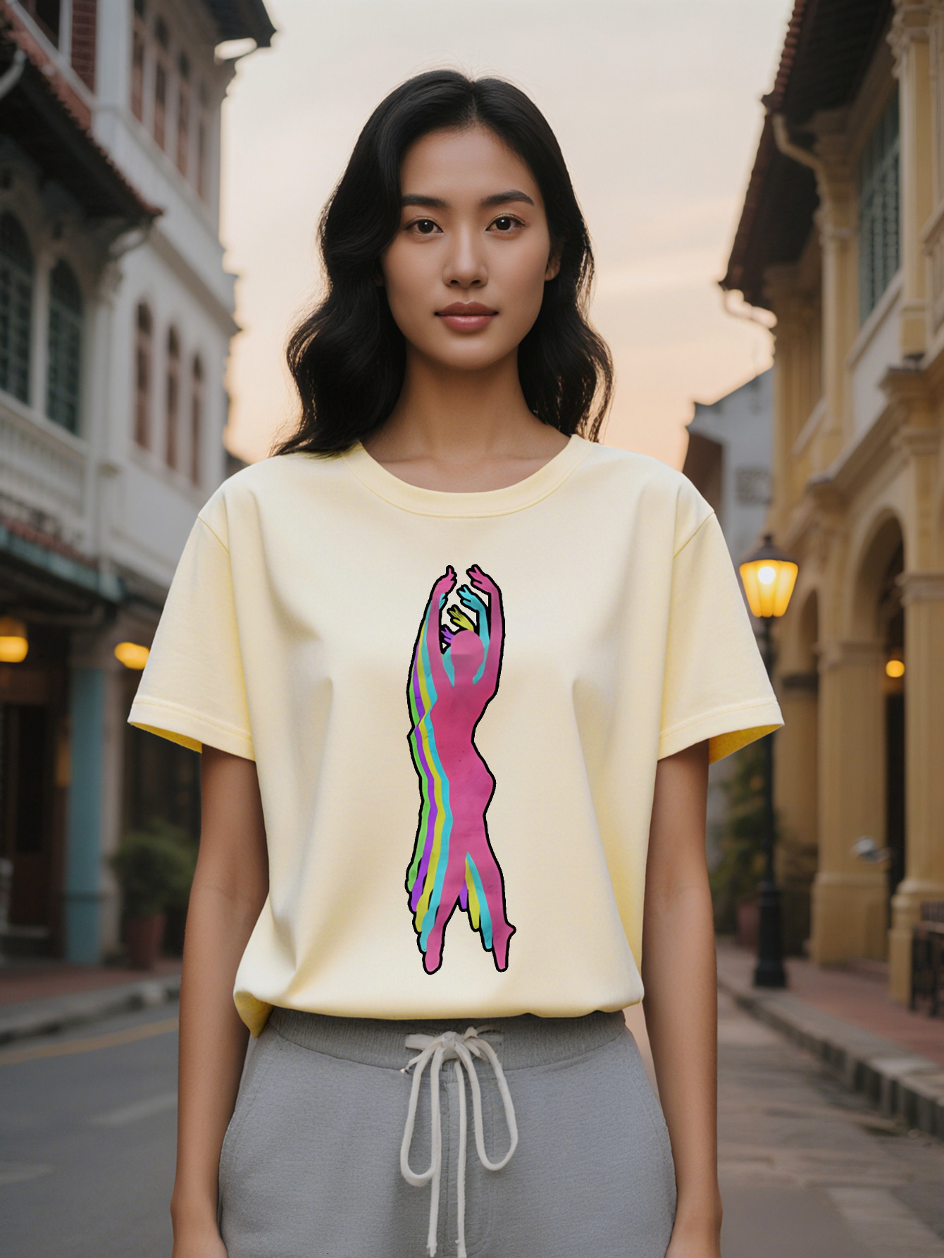 Large XL Graphic T-Shirt with Human Silhouette Colorful Stripes Print Black Round Neck Summer Tee Regular Fit Washable Plus Size