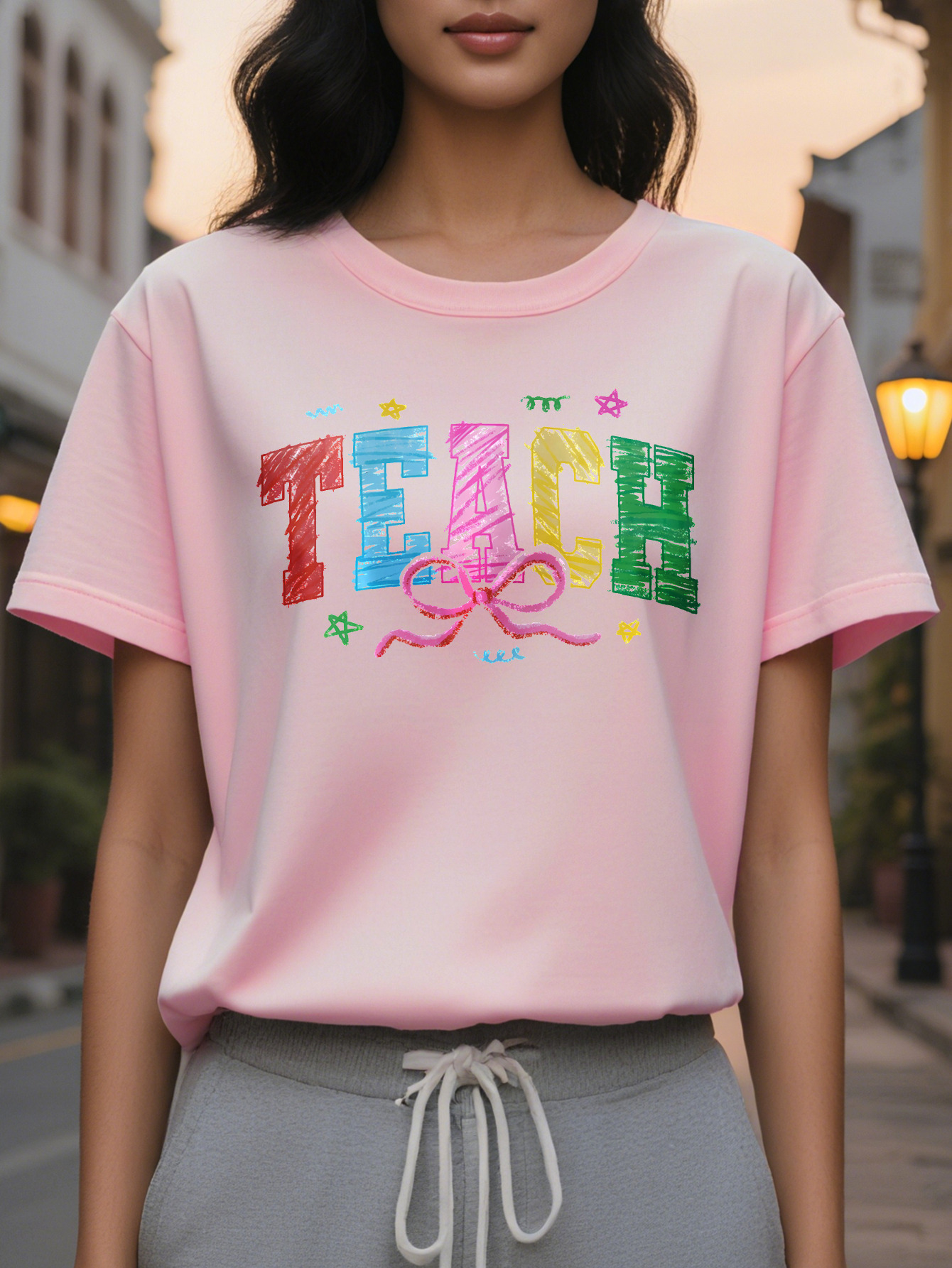 Women s Elegant Short Sleeve Round Neck Cotton Dress, Casual Top with Alphabet Pattern for Summer and Spring