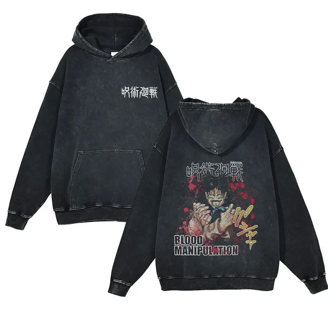 440g Heavyweight Washed Vintage Jujutsu Kaisen Anime Battle Retro Cotton Hoodie Streetwear - VT1673