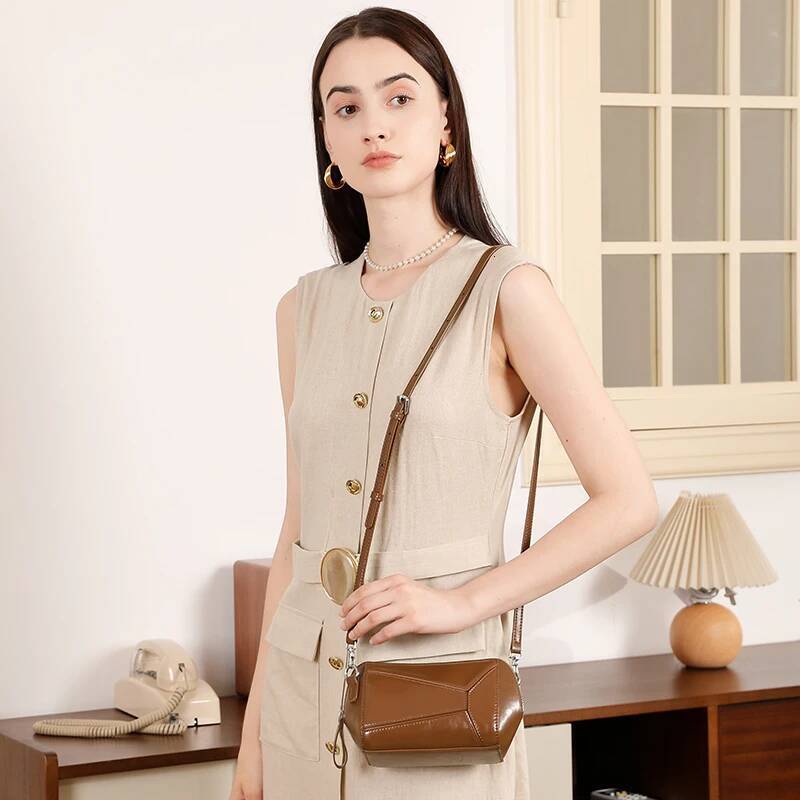 New Women's Genuine Leather Women Crossbody Bags Fashion Geometric Splicing Vegetable Tanned Cowhide Shoulder Bag