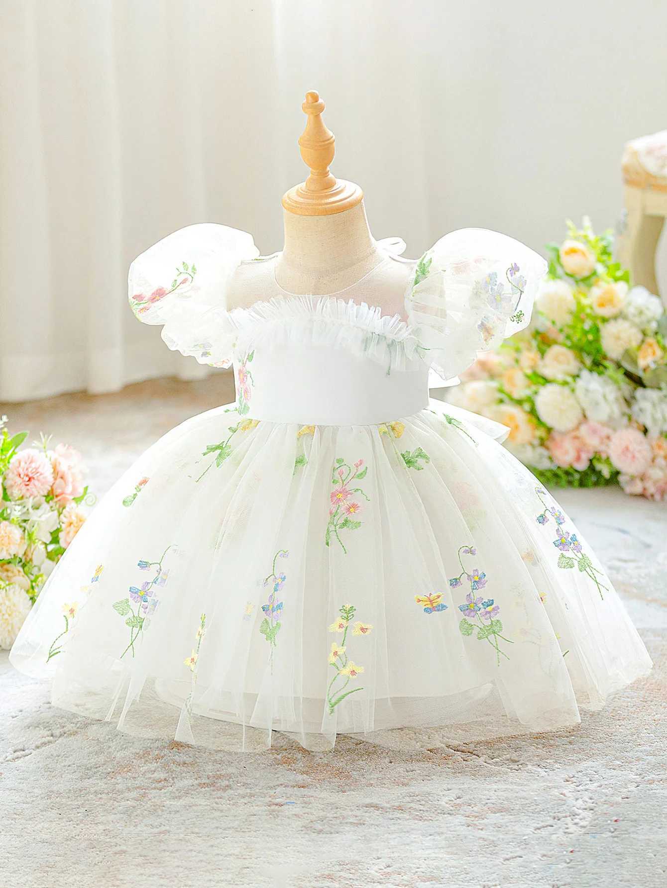 Toddler Embroidery Flower Baptism Party Baby Girl Dress Elegant 1 Yrs Birthday Princess Prom Dress Girl Wedding Bridesmaid Gown Z250904