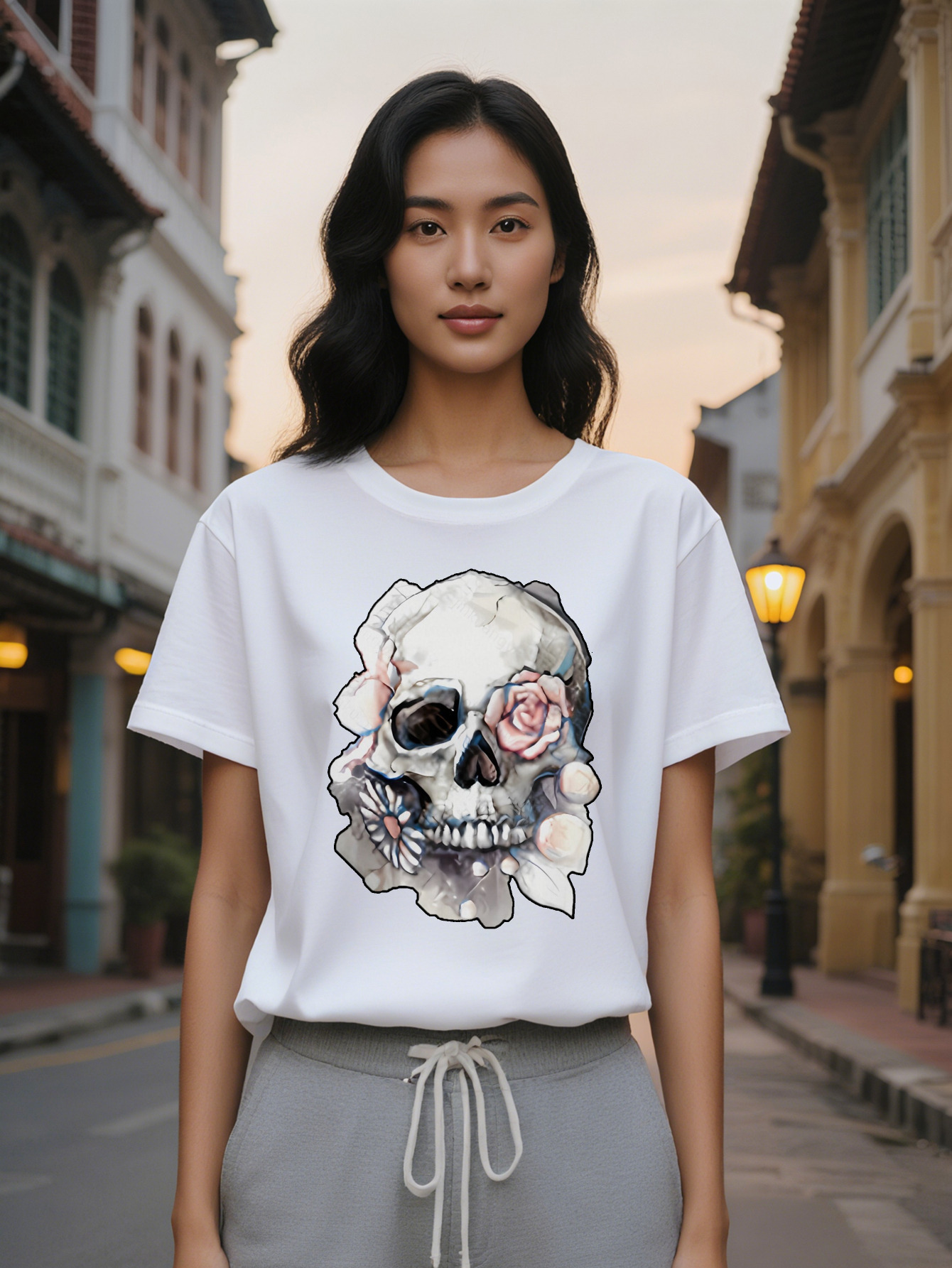Casual Crew Neck T-Shirt with Intricate Floral Skull Print Soft Pure Cotton Short Sleeve Black Perfect Gift for