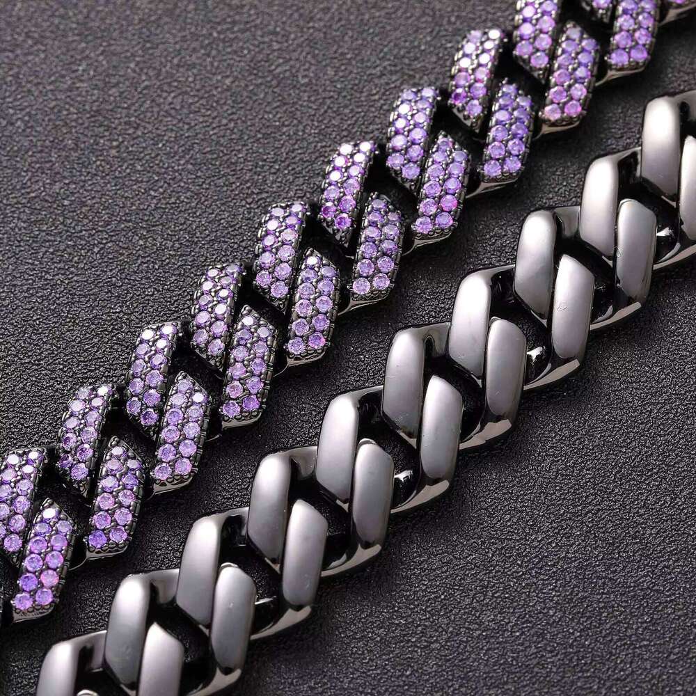 Black 15mm Full Purple Lab Dia Bling Prong Moissanite Cuban Link Hip Hop Geometric Trendy Gift Chain xe