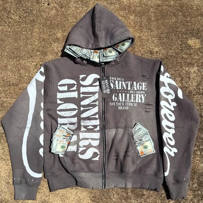 Harajuku Retro High Street Colorful Clothing American Hiphop Trendy Zipper Hoodie Men Rock Oversized Sweatshirt Women 250904