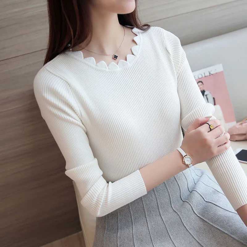 Fashion Long Sleeve Elegant Oneck Women Sweater Autumn Solid Slim Knitted Tops Winter Casual Pullover Jumper M250904