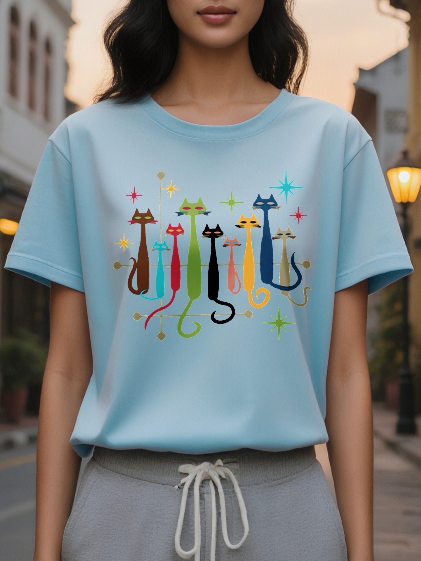 Large XL PC Women S Casual V Neck T-Shirt with Geometric Cat Print Cotton Knit Fabric Regular Length All Season Comfort Plus Size