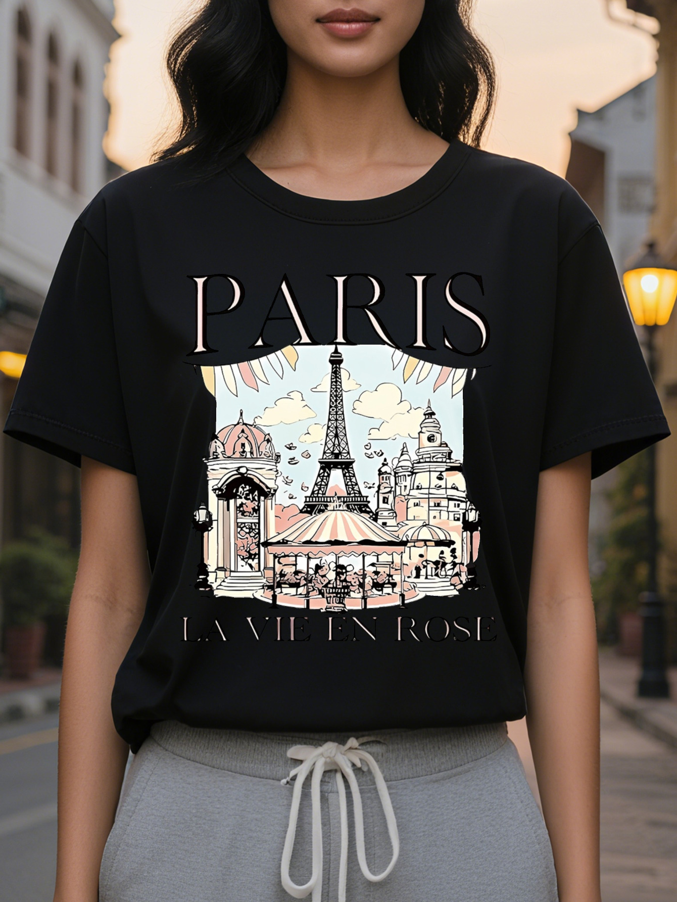 Paris Landmarks Print Fashion T Shirt Cotton Knit Fabric for Women Casual Crew Neck with Eiffel Tower Design All Seasons